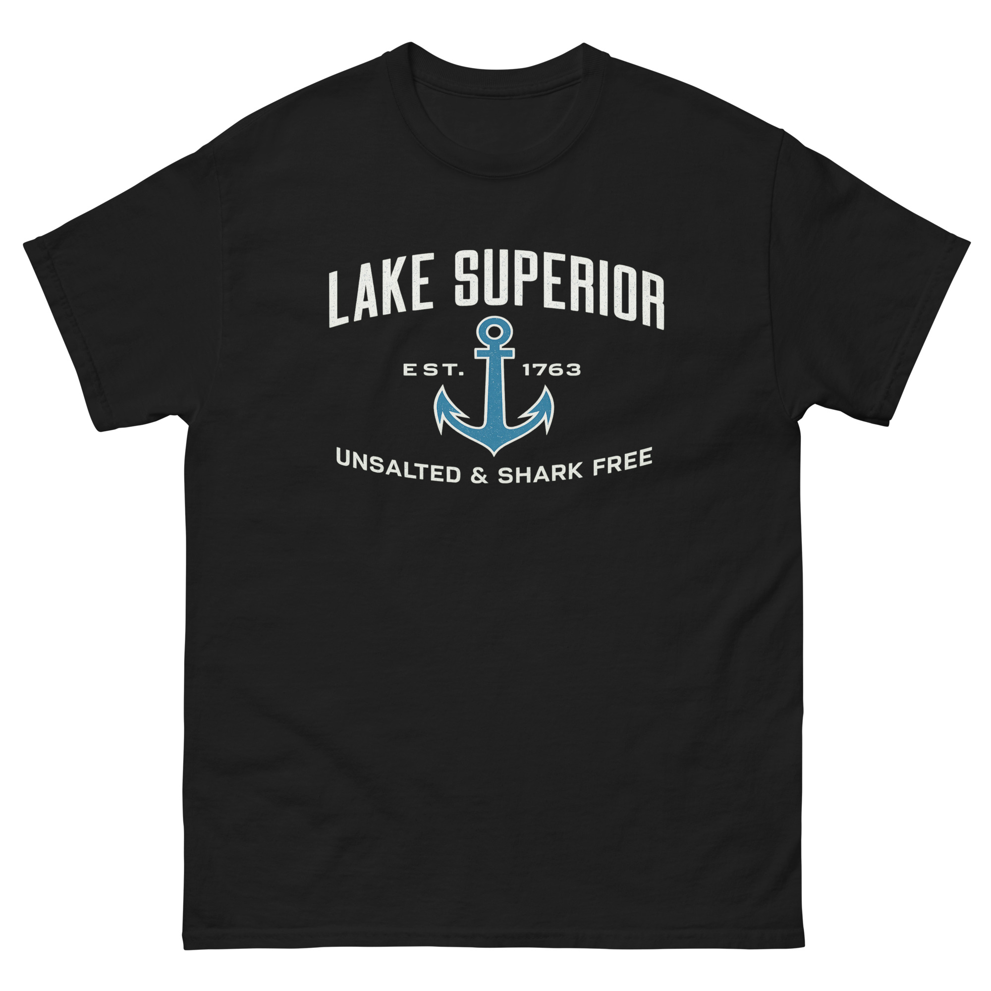 lake superior unsalted and shark free shirt with anchor design