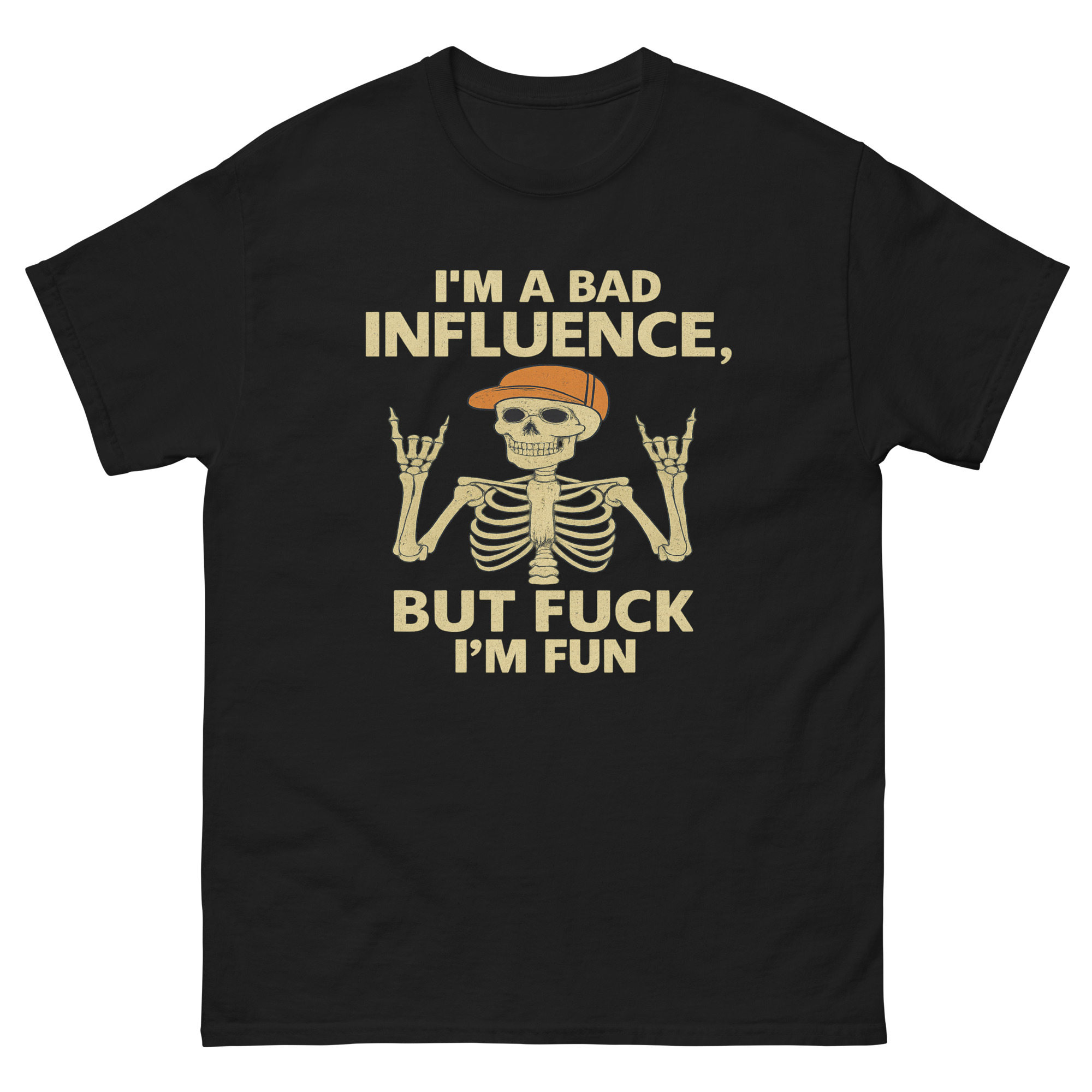 funny bad influence skeleton t shirt with rebellious slogan