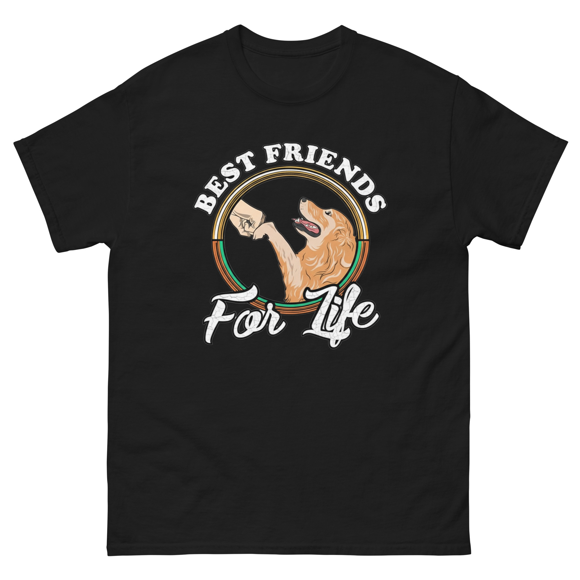 T-shirt with fist bump design and Golden Retriever graphic, text ‘Best Friends for Life'