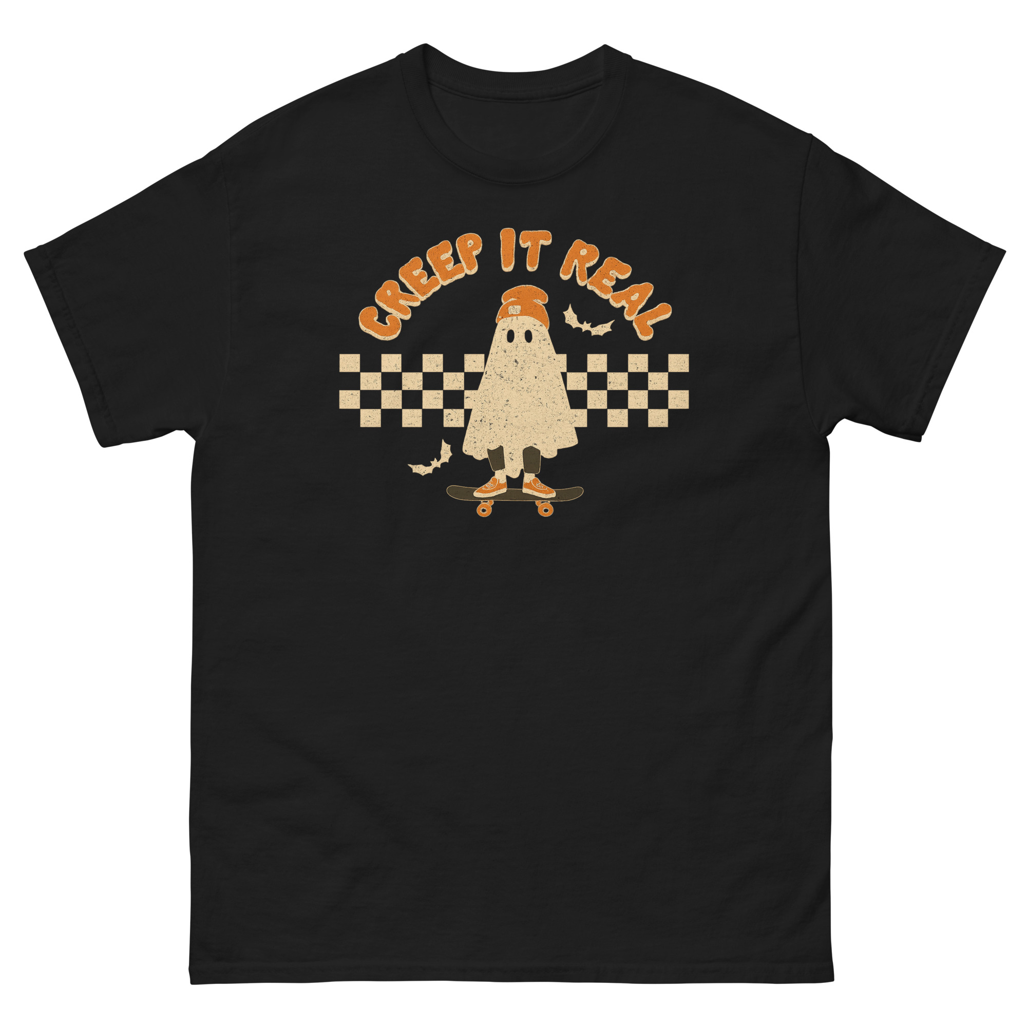 skateboard ghost shirt with creep it real halloween design
