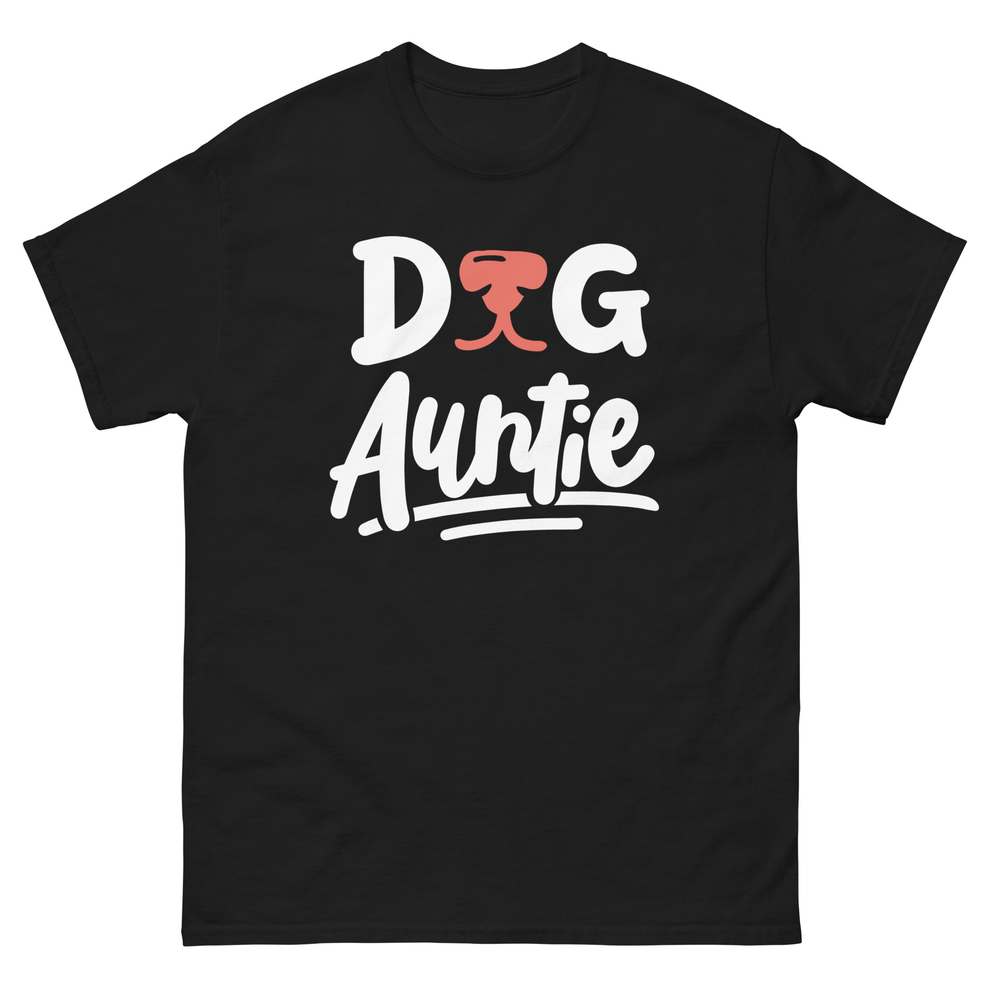 T-shirt with “Dog Auntie” text and red dog nose graphic for proud pet-loving women