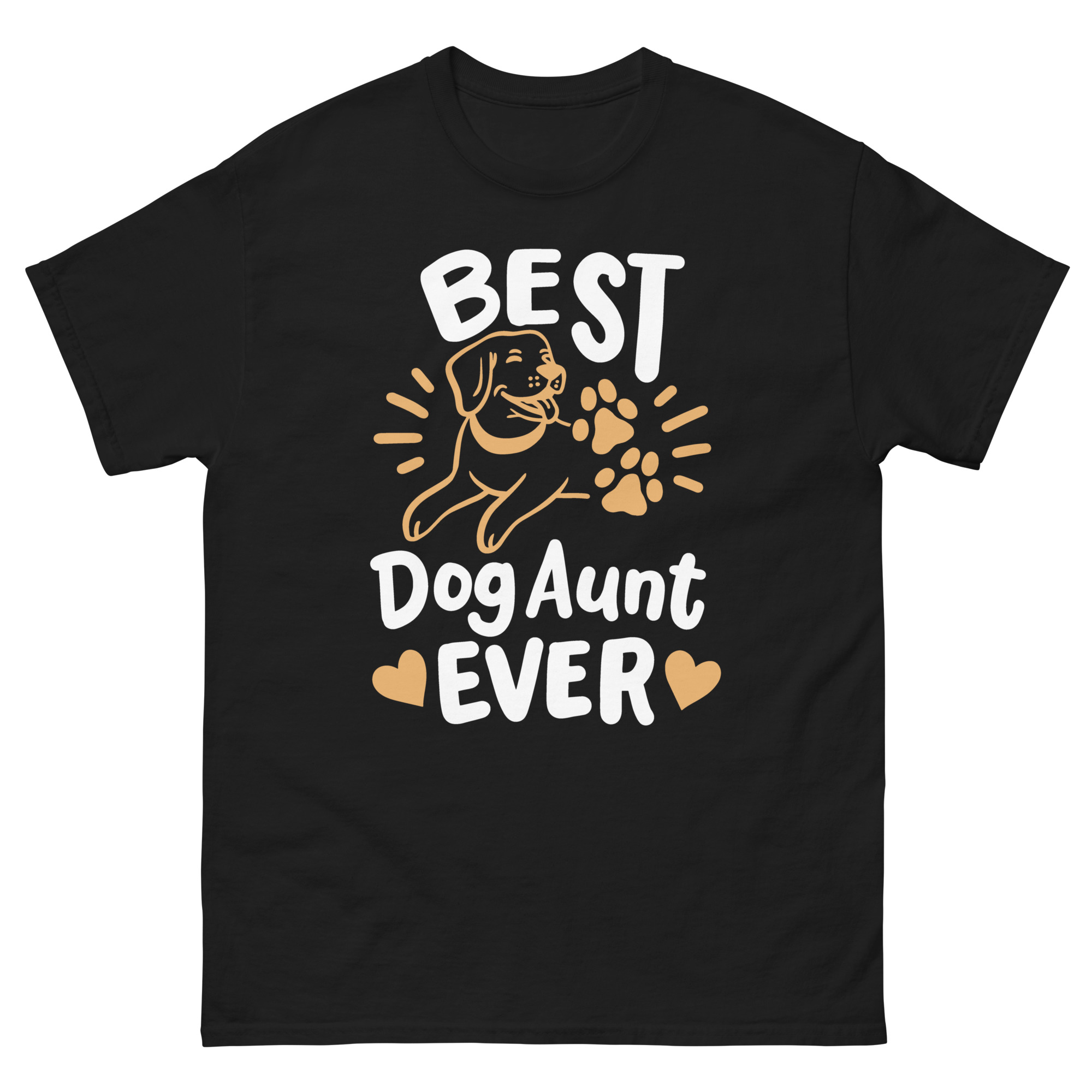 T-shirt with “Best Dog Aunt Ever” text, dog illustration, and paw print graphics for proud pet-loving women