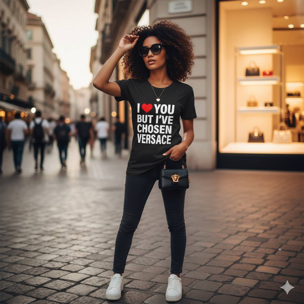 “I ❤️ YOU BUT I'VE CHOSEN VERSACE” Fashion Statement Tee Person in shopping district wearing Versace statement shirt