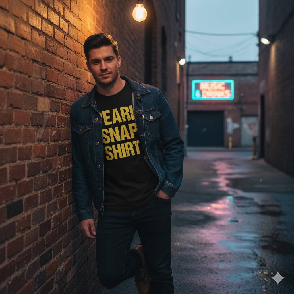 Pearl Snap Shirt Tee – Country Style Statement Man in alley wearing “Pearl Snap Shirt” tee