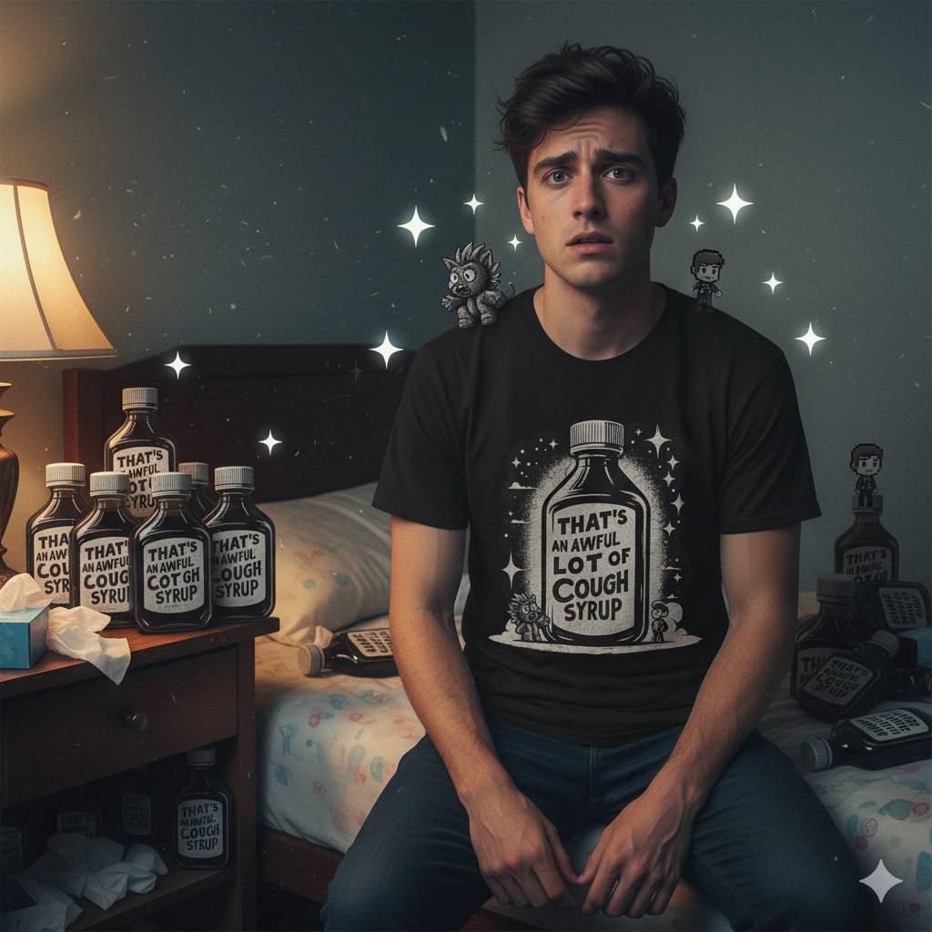 Bold Statement Tee – Awful Lot of Cough Syrup Person in dim room wearing cough syrup graphic tee