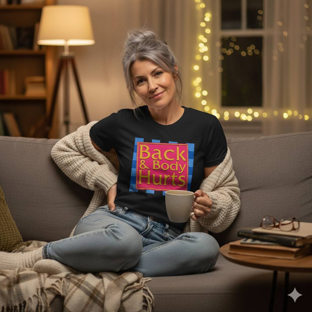 Back & Body Hurts Tee – Funny Parody Shirt Person on couch wearing Back & Body Hurts shirt