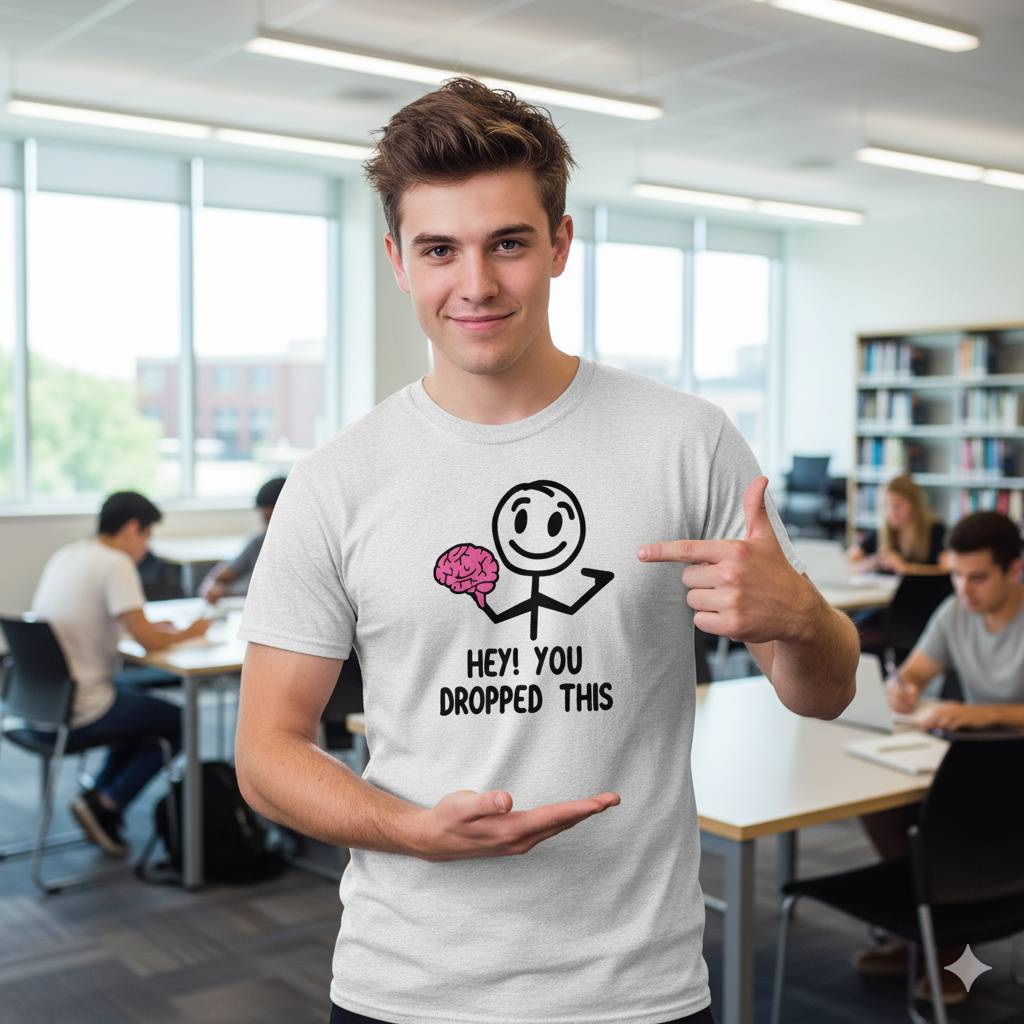 hey you dropped this brain t shirt Stick figure holding pink brain in study setting