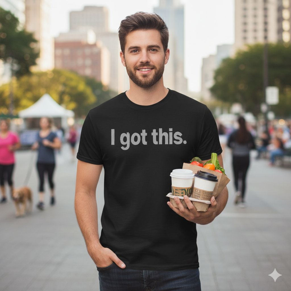 I Got This Tee – Bold Urban Confidence Shirt Man holding coffee tray in “I got this” shirt