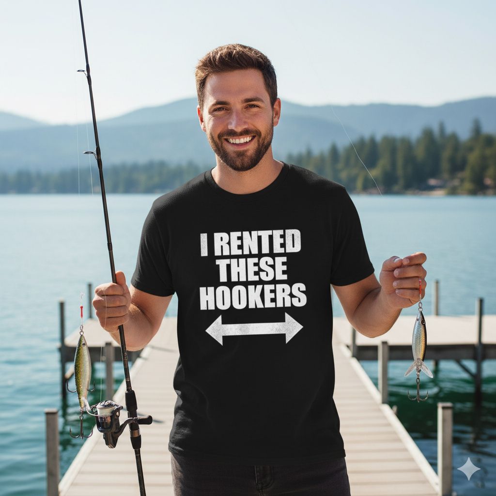 “I RENTED THESE HOOKERS” Funny Fishing Tee Black tee with “I Rented These Hookers” text