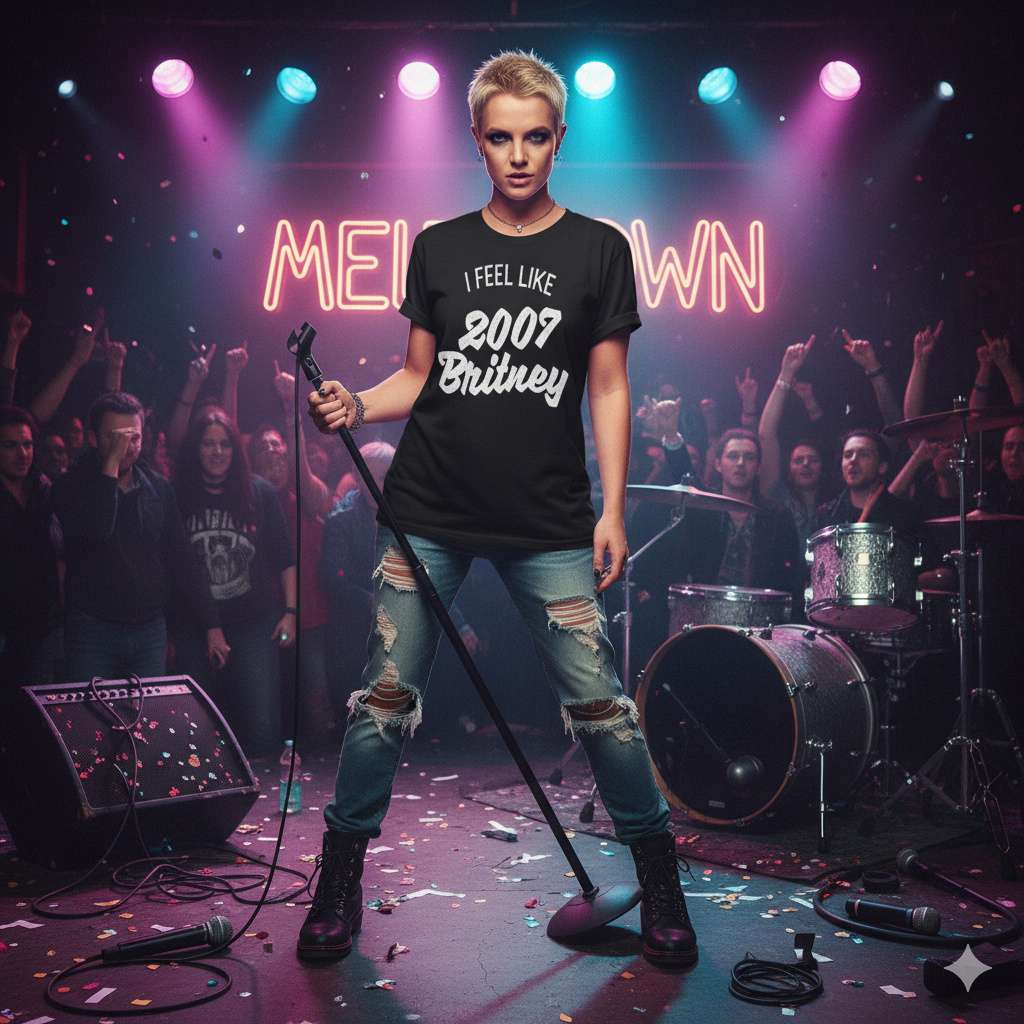 Funny Empowerment Shirt – I Feel Like Britney Woman on stage wearing I Feel Like 2007 Britney shirt