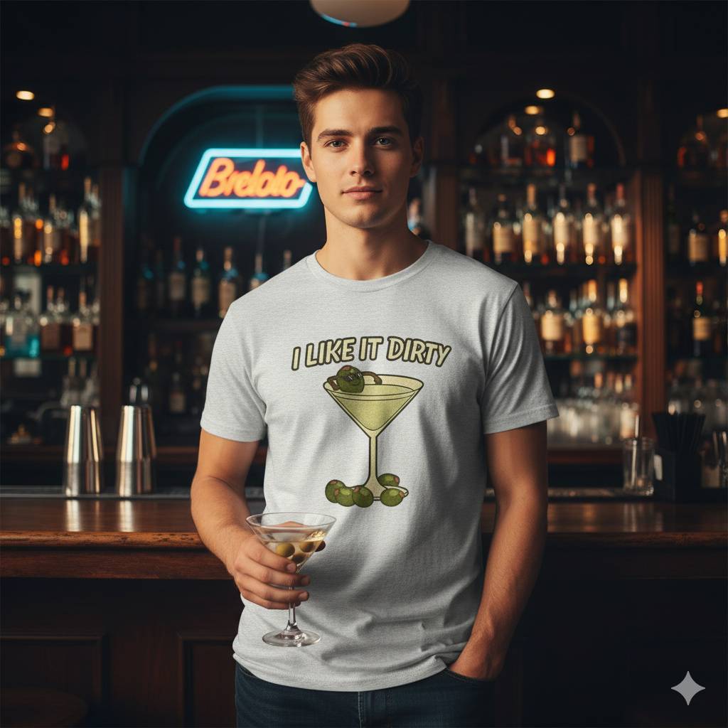 Dirty Martini Tee – Funny Cocktail Lover Shirt Man holding martini wearing I Like It Dirty shirt