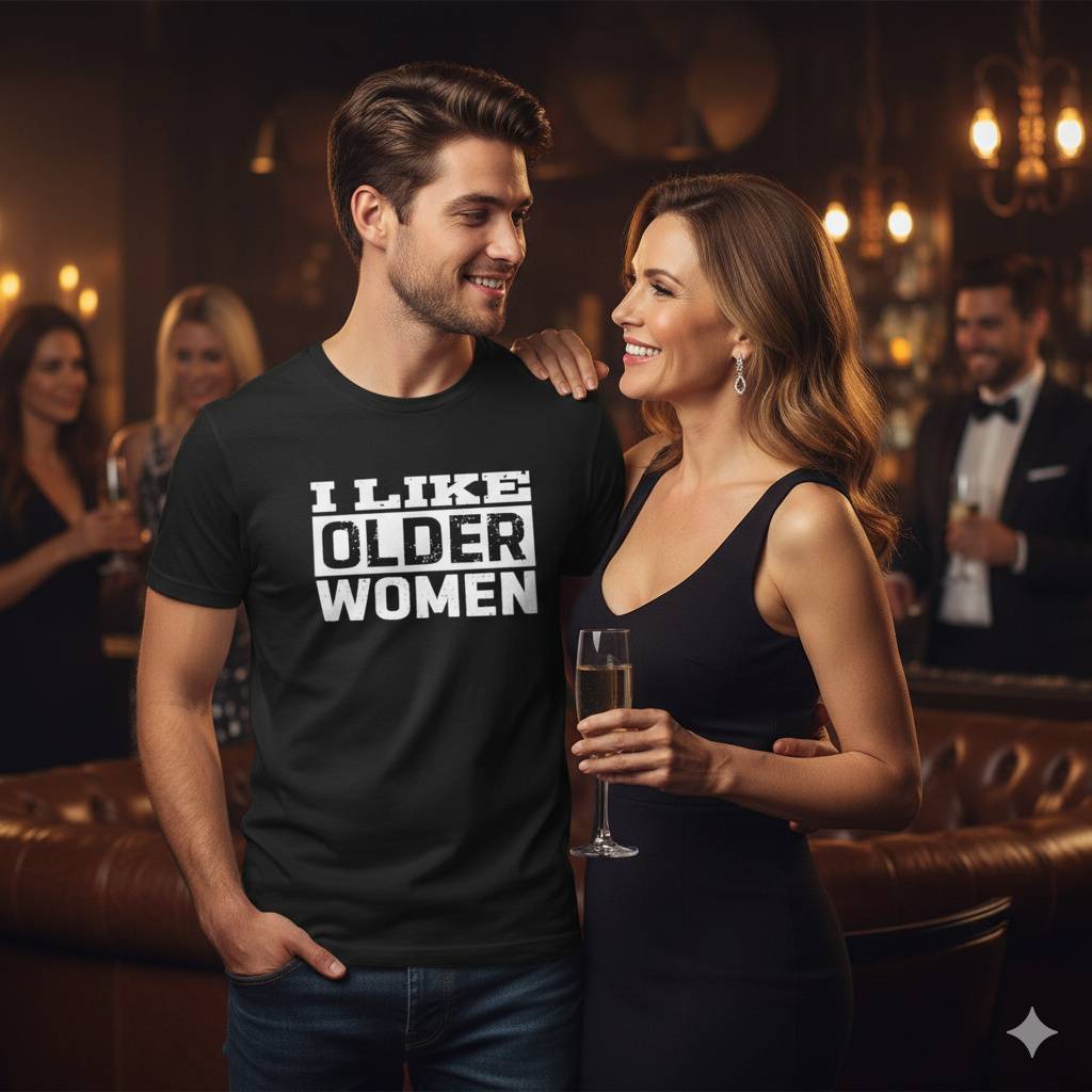 Funny Statement Tee – I Like Older Women Design Man in upscale lounge wearing I Like Older Women shirt