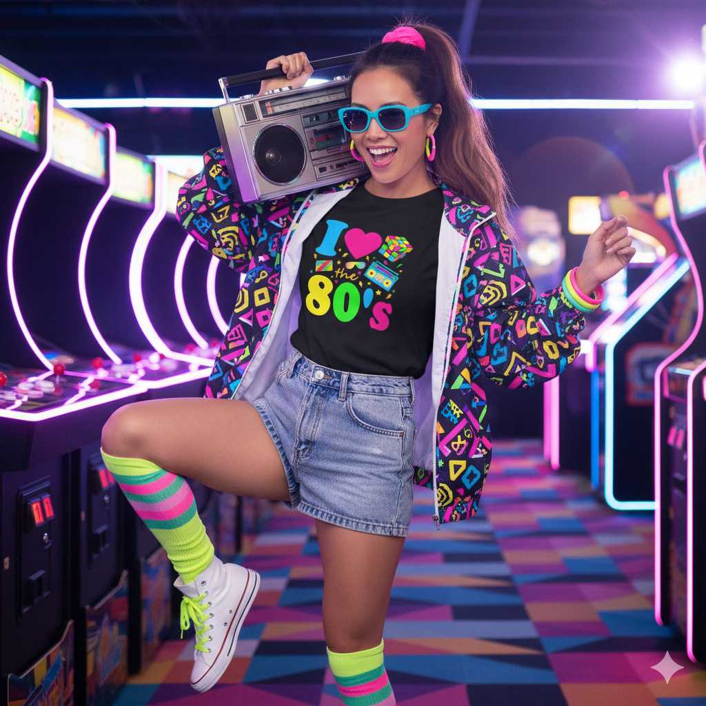 I Love the 80s Tee – Retro Arcade Style Shirt Person in arcade wearing I Love the 80s shirt
