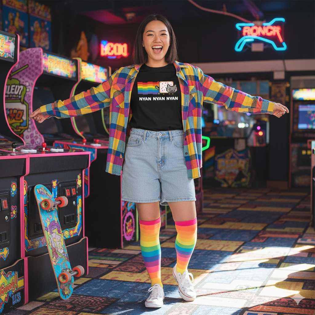 Nyan Cat Tee – Retro Arcade Meme Shirt Person in arcade wearing NYAN NYAN NYAN shirt
