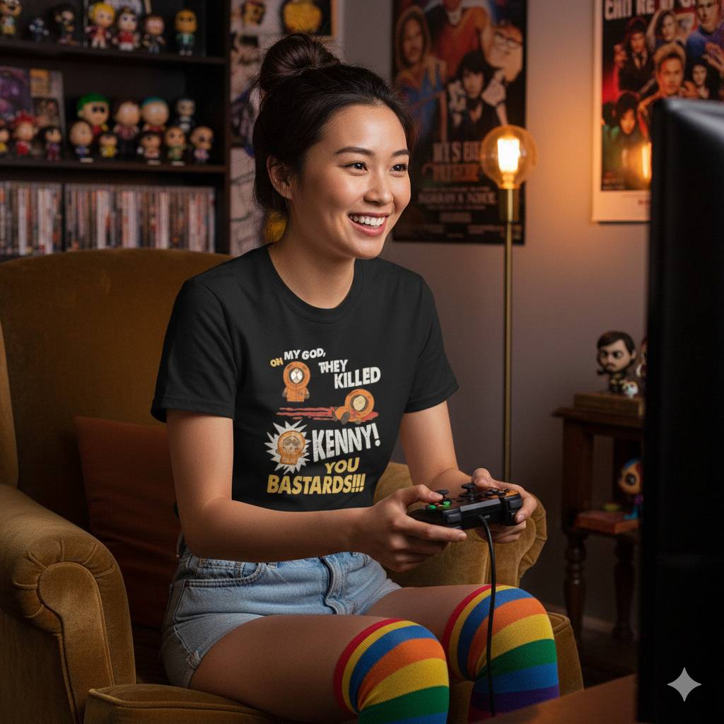 South Park Tee – Kenny Quote Fan Shirt” Person gaming in armchair wearing South Park tee