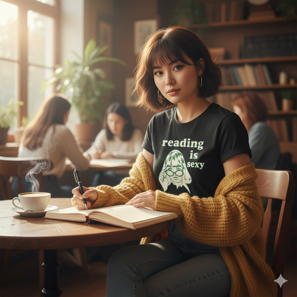 Reading Is Sexy Tee – Smart & Stylish Statement Person writing in notebook wearing reading is sexy shirt