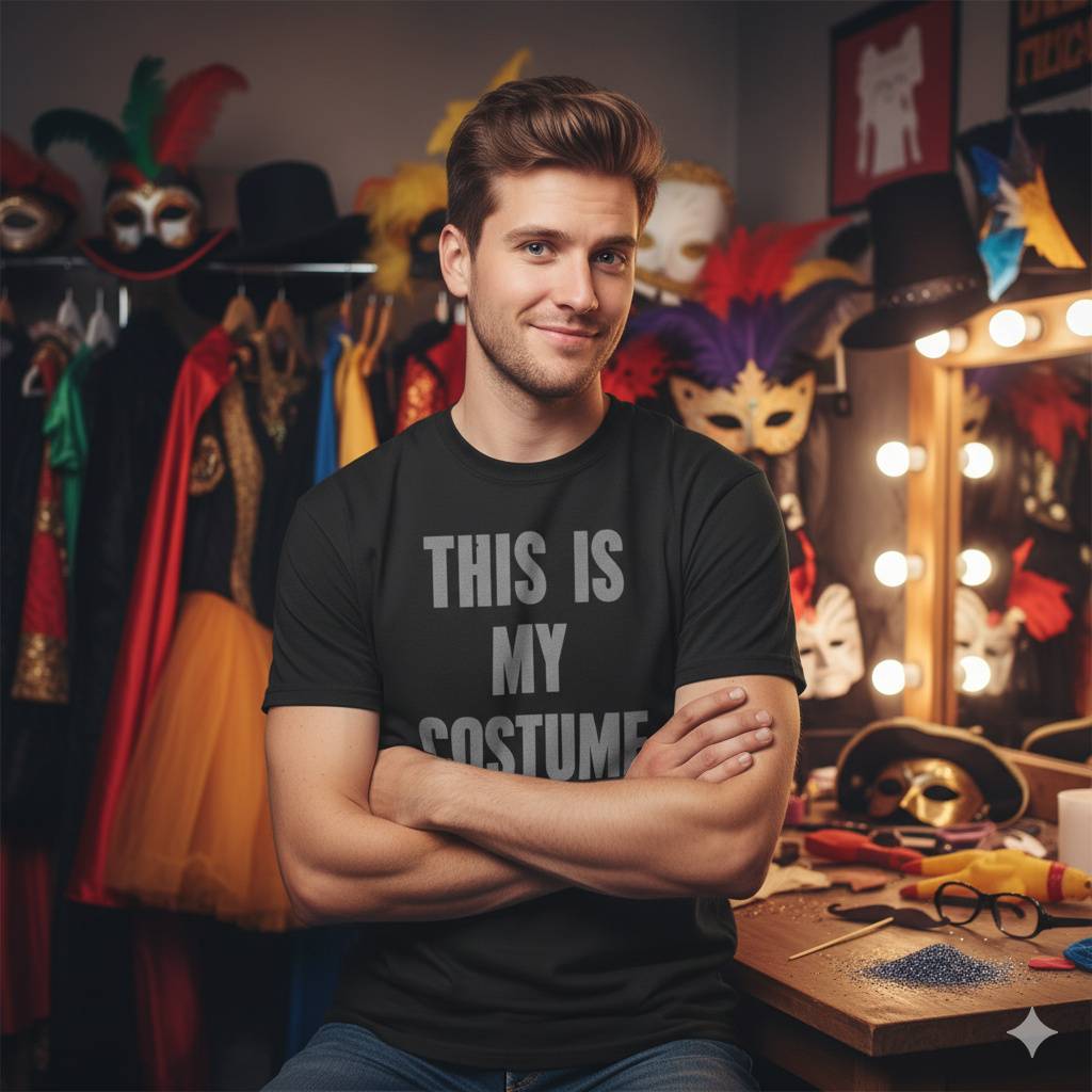 “THIS IS MY COSTUME” Minimalist Humor Tee Man in dressing room wearing “This Is My Costume” tee