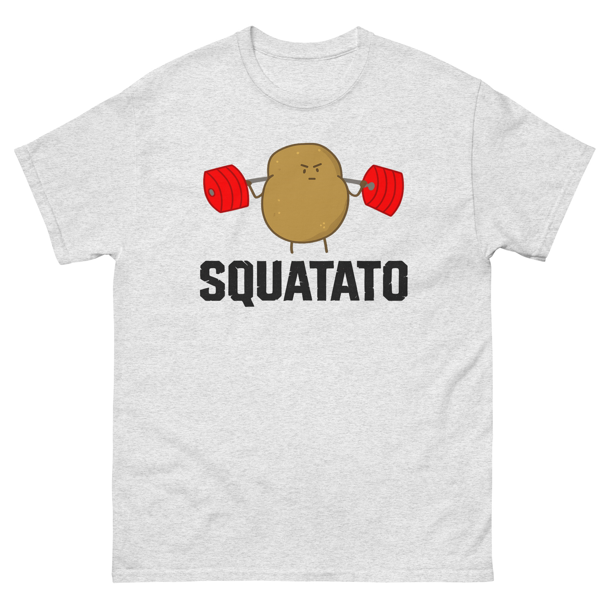 vegan athlete t shirt with funny squatato potato lifting weights design