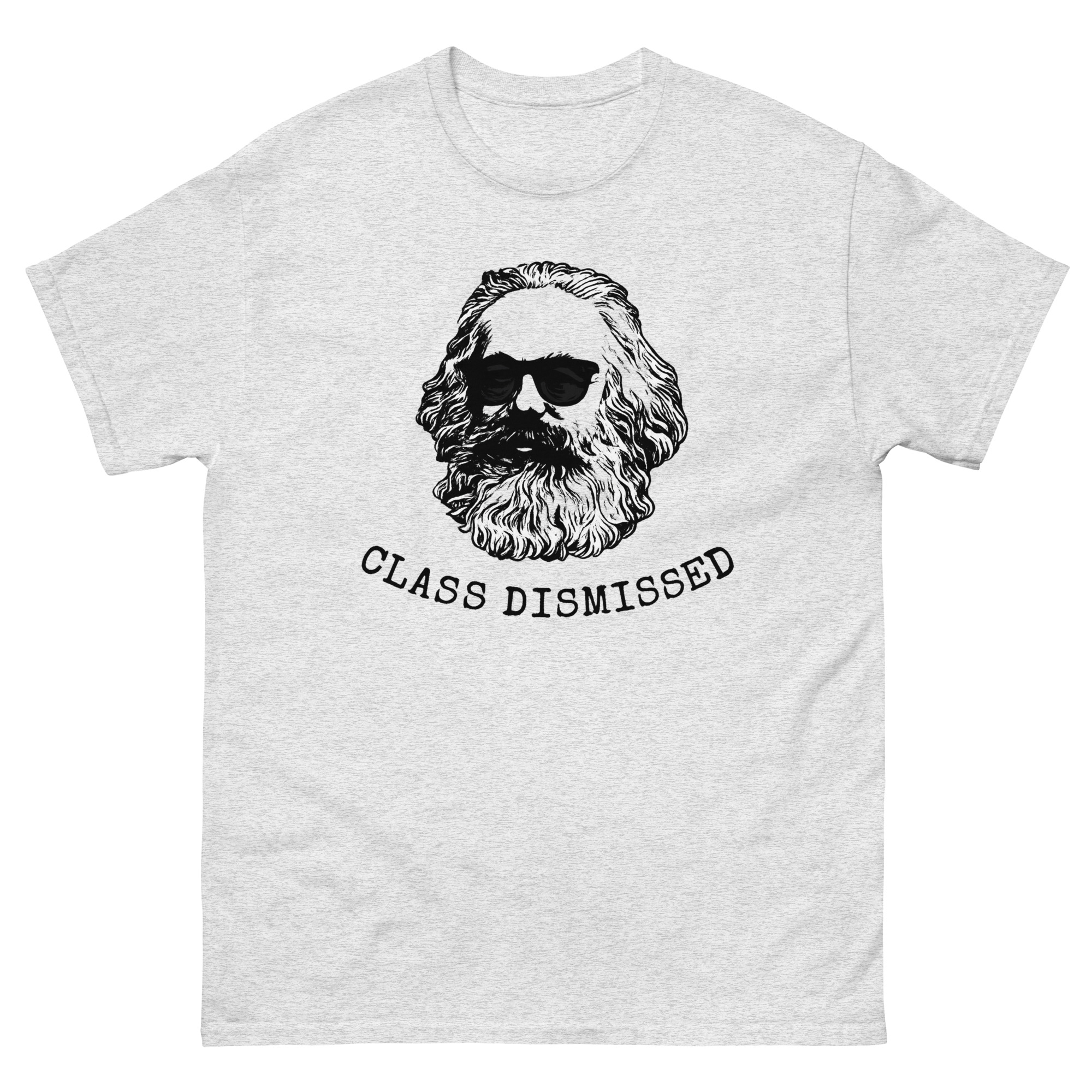 Karl Marx shirt with “Class Dismissed” slogan and Marx wearing sunglasses graphic