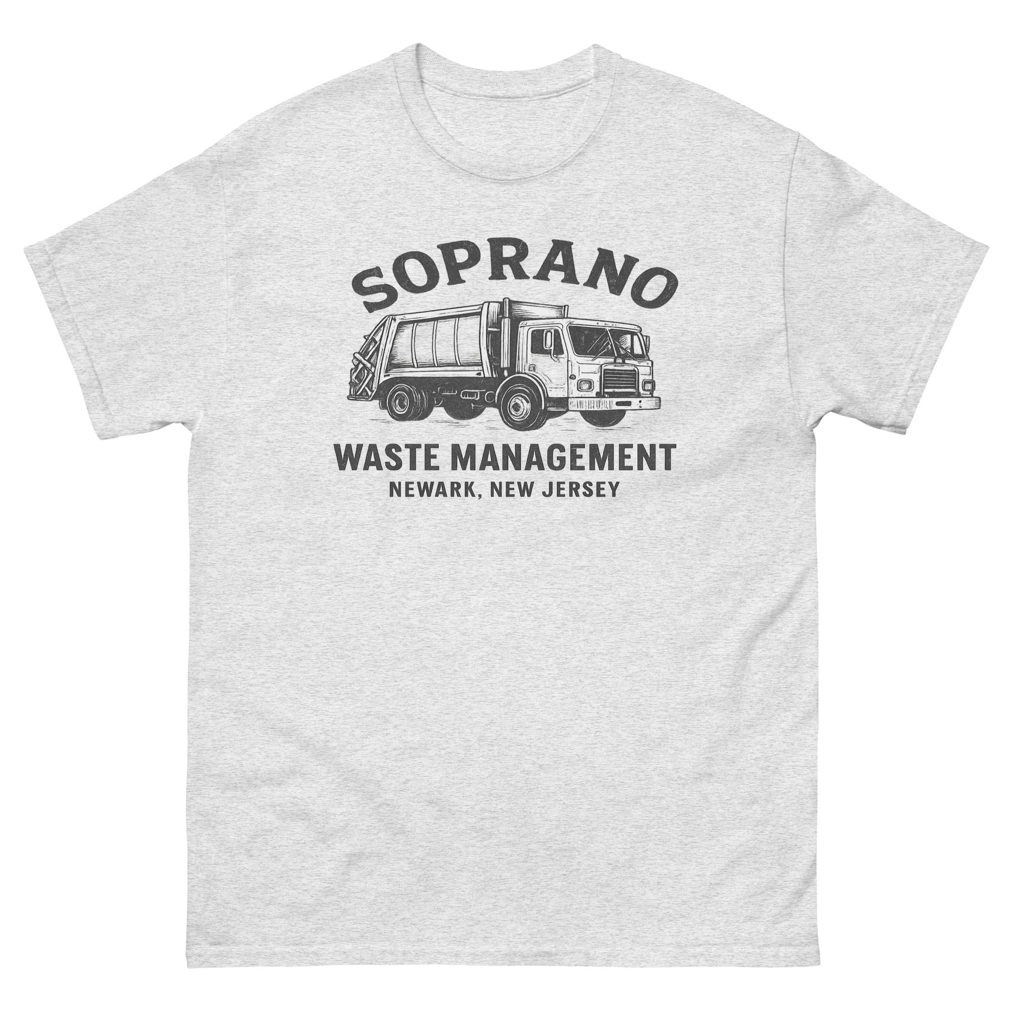 Soprano Waste Management T-Shirt with vintage garbage truck graphic and Newark New Jersey typography design