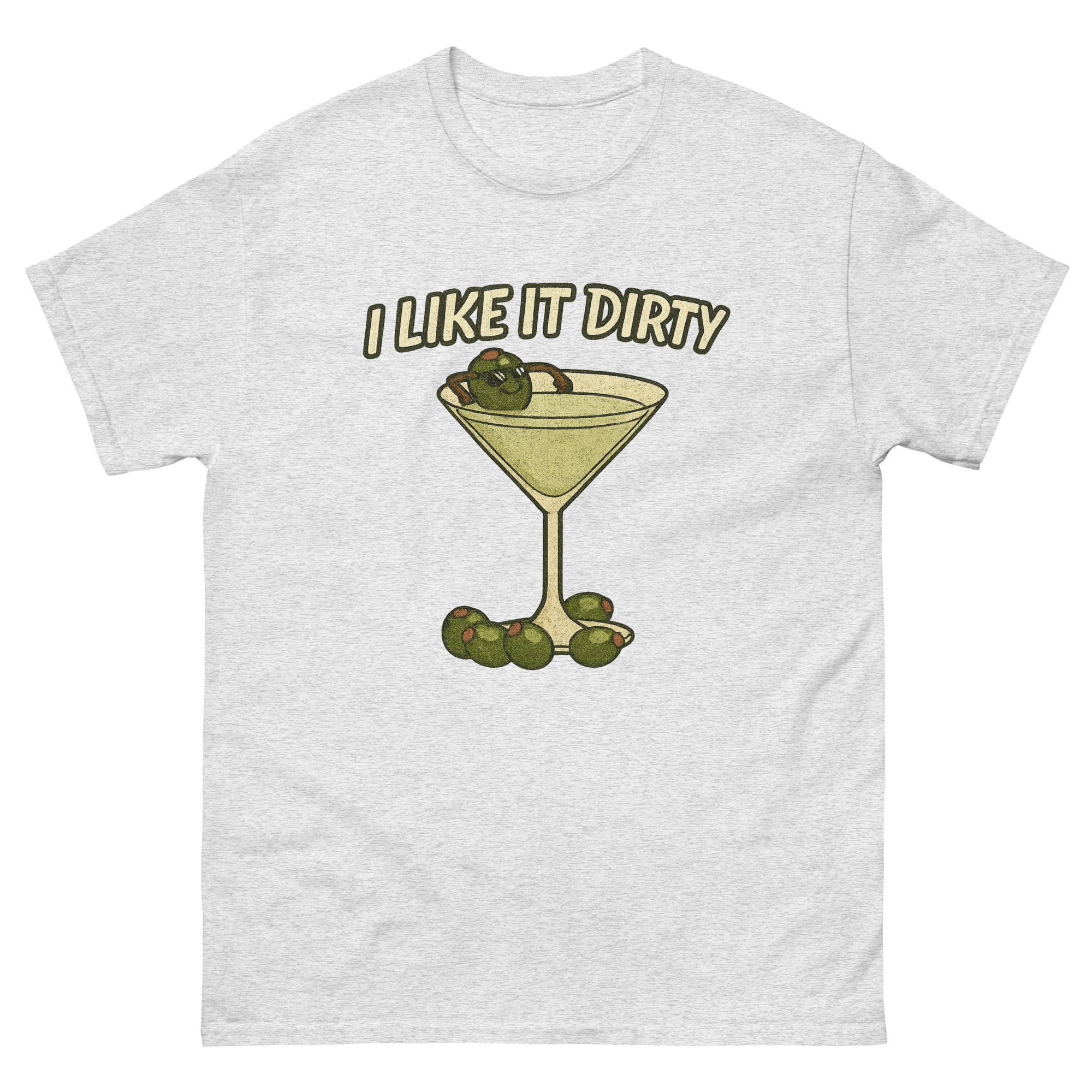 “I Like It Dirty Martini Shirt with olive martini glass graphic – funny cocktail lover tee