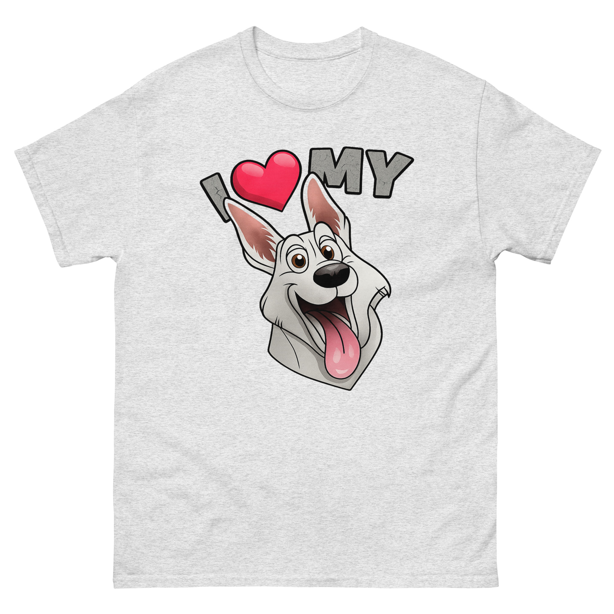 German Shepherd in sunglasses on retro-themed graphic shirt