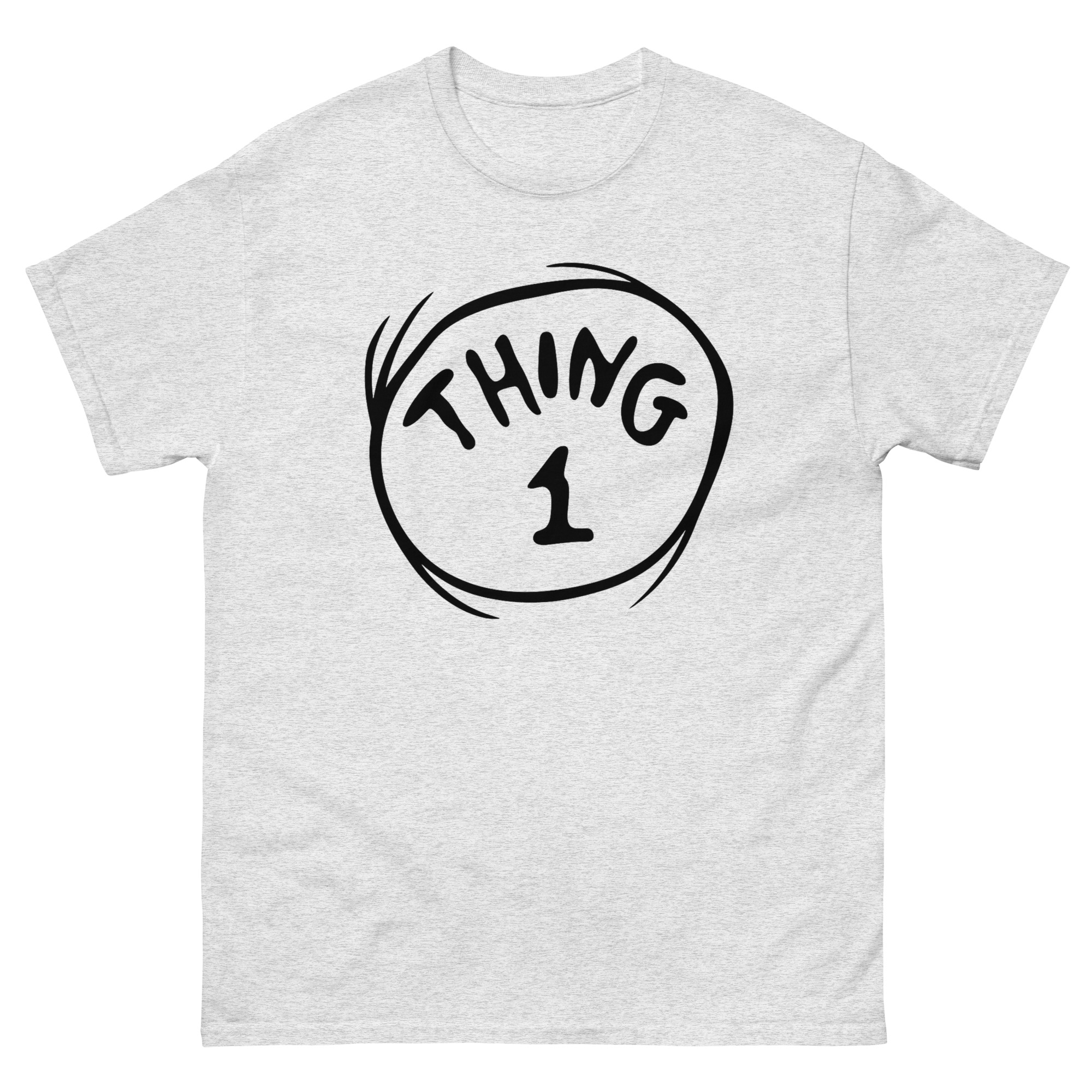 Thing 1 shirt design in black text on light t-shirt – matching funny tee for twins or friends