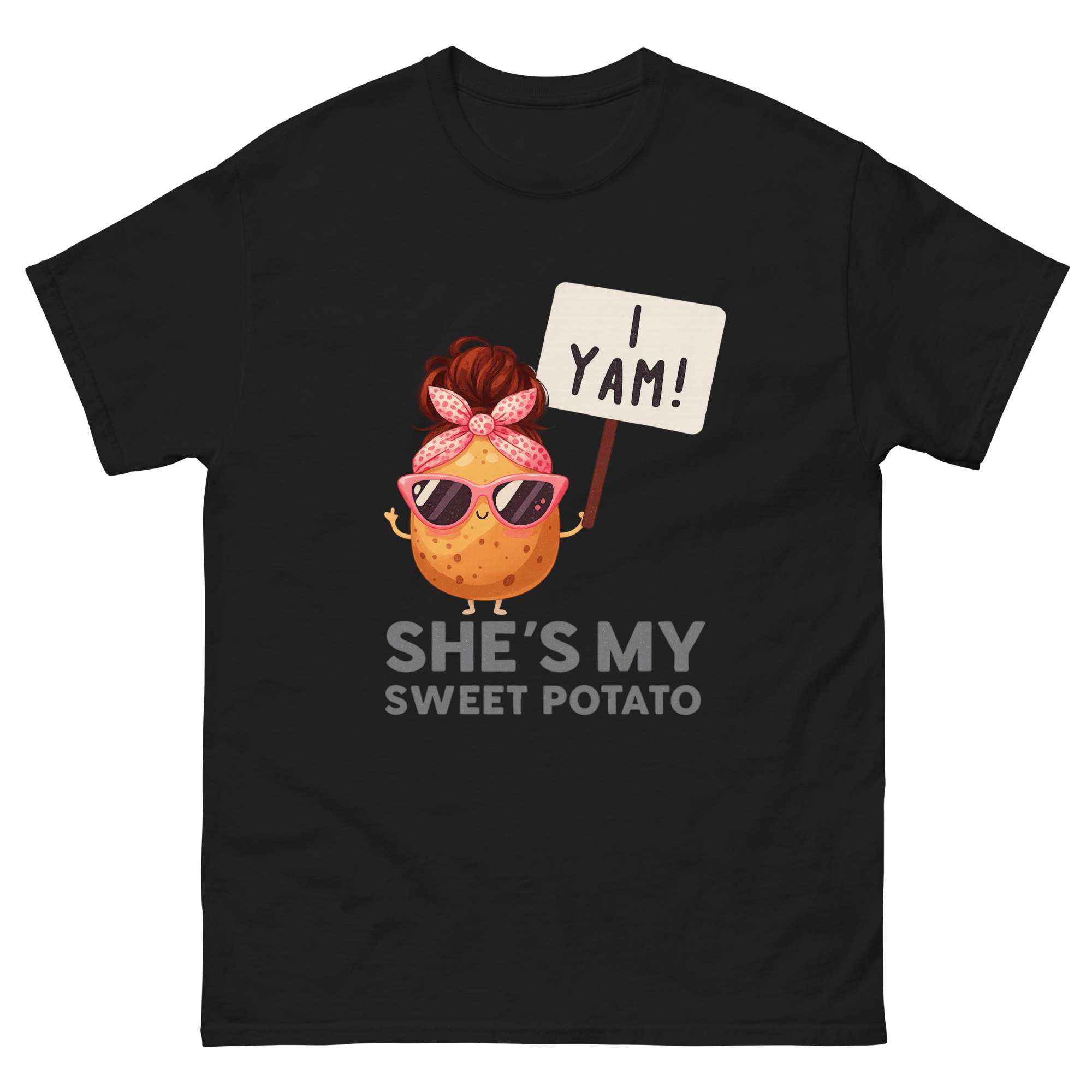 Cute she’s my sweet potato i yam shirt with cartoon potato holding sign saying I Yam wearing pink bow and sunglasses