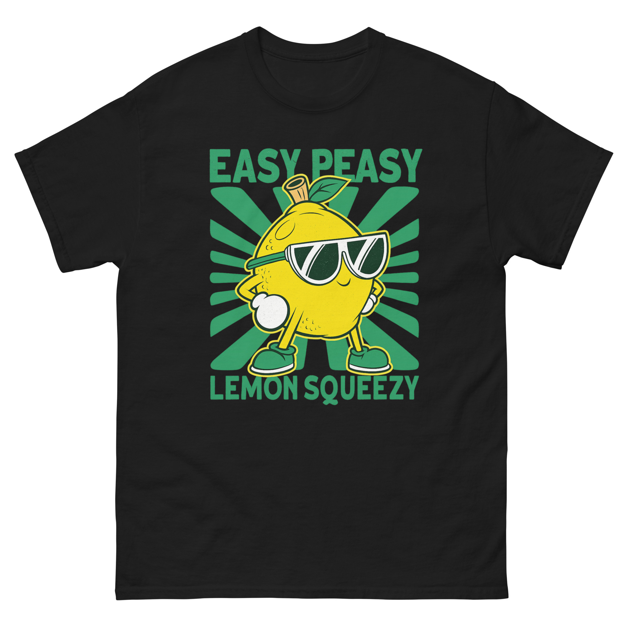 Easy Peasy Lemon Squeezy shirt featuring cartoon lemon with sunglasses and motivational slogan