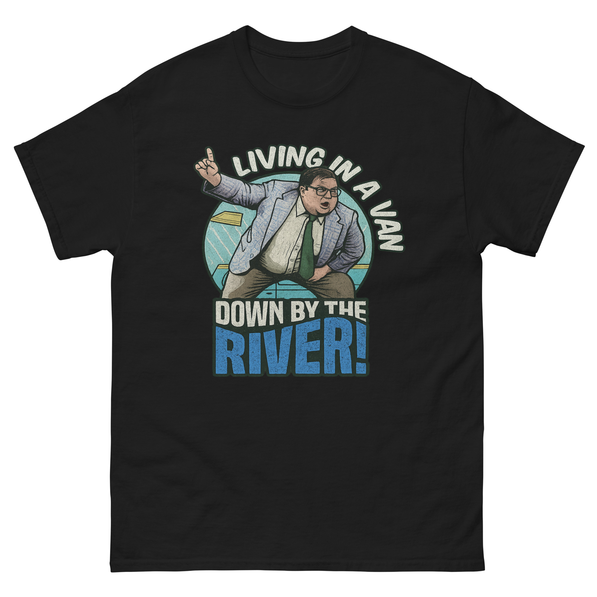 Matt Foley Motivational Speaker T-Shirt with Living in a Van Down by the River graphic and retro comedy illustration
