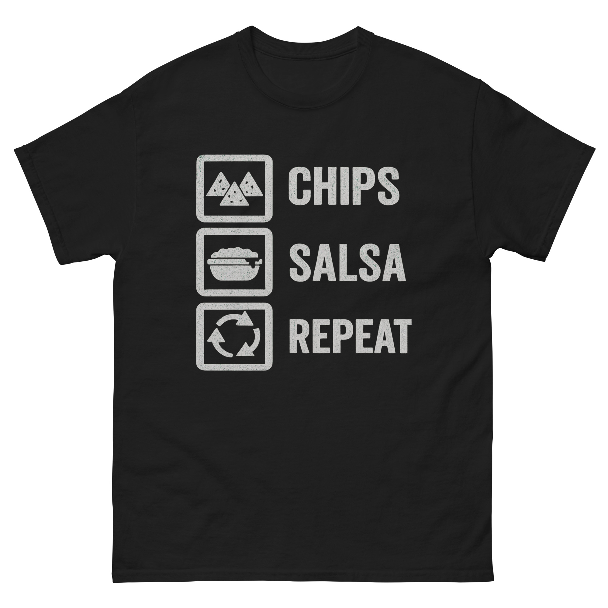 Funny Chips Salsa Repeat t-shirt with snack icons design