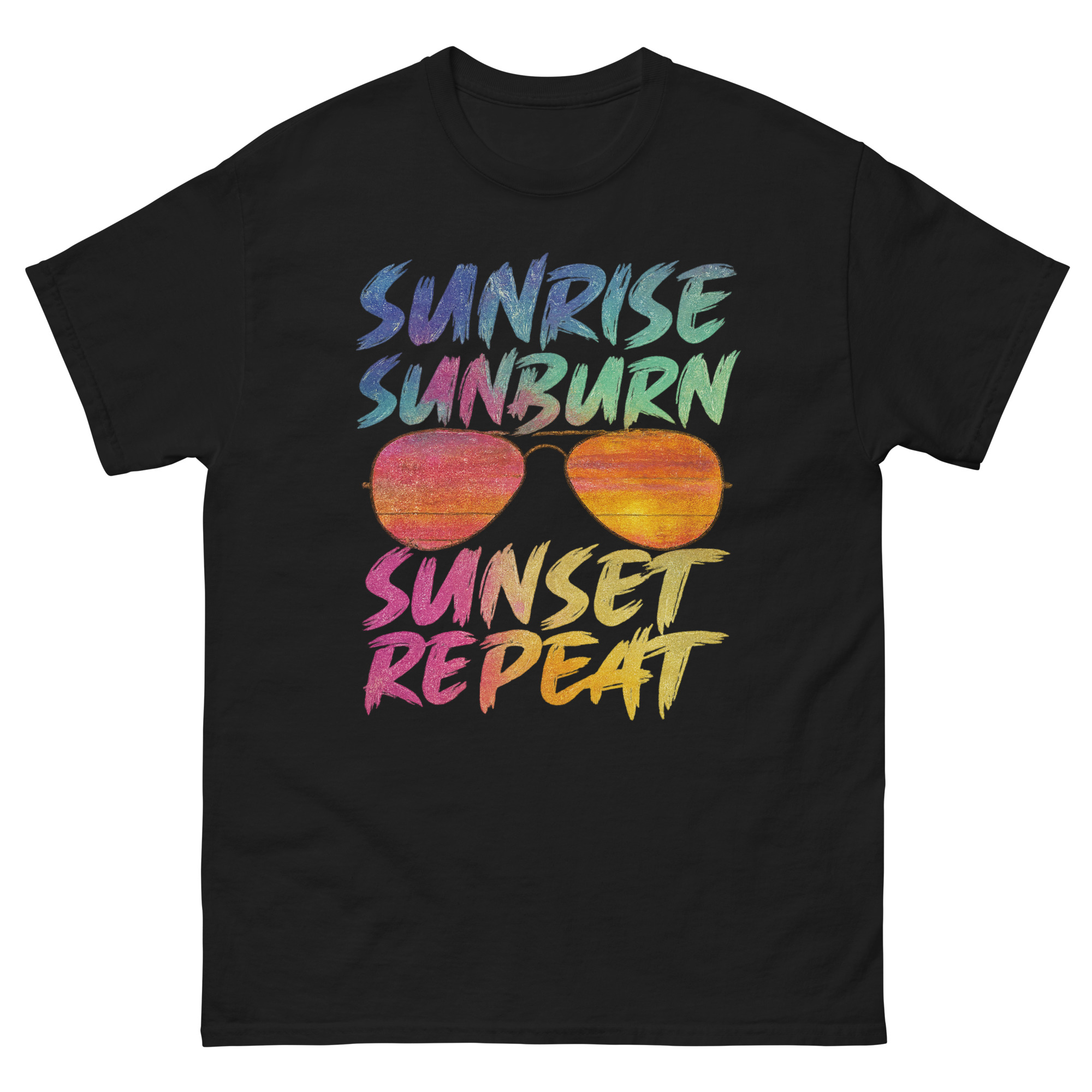 Colorful “Sunrise Sunburn Sunset Repeat” beach quote t-shirt with retro sunglasses design
