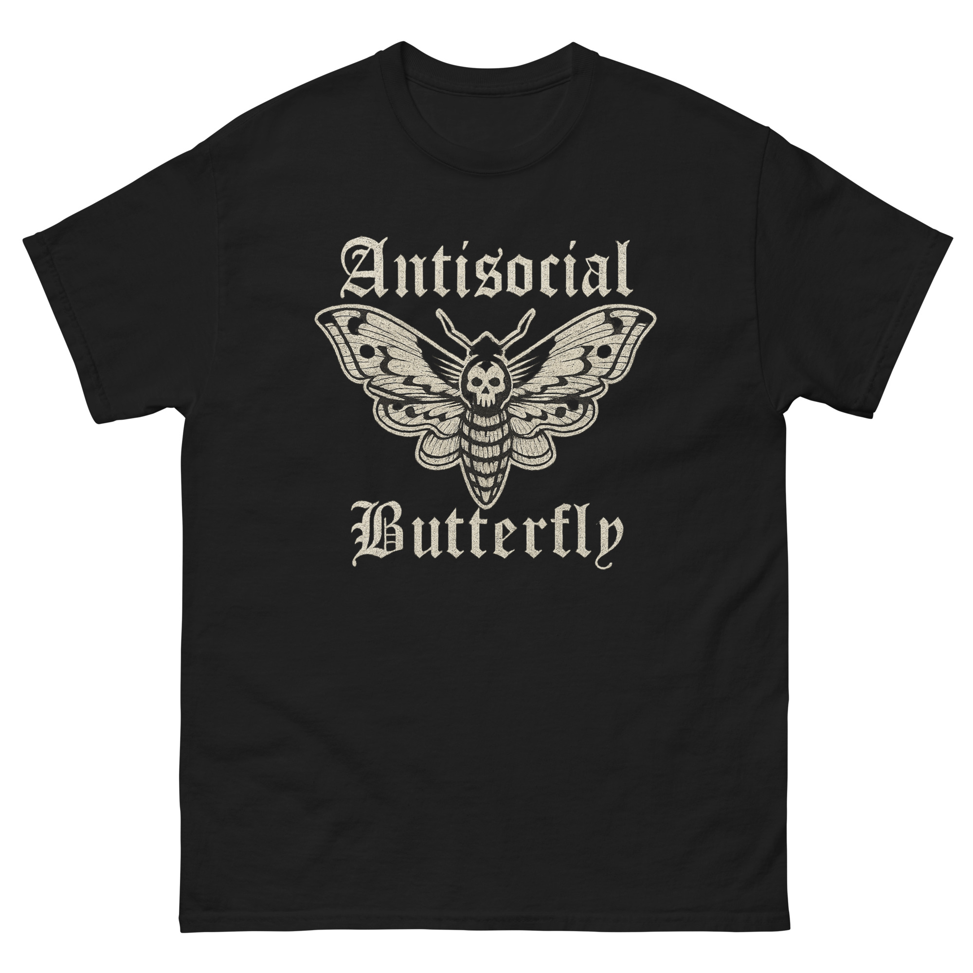 anti social butterfly shirt with gothic skull butterfly design