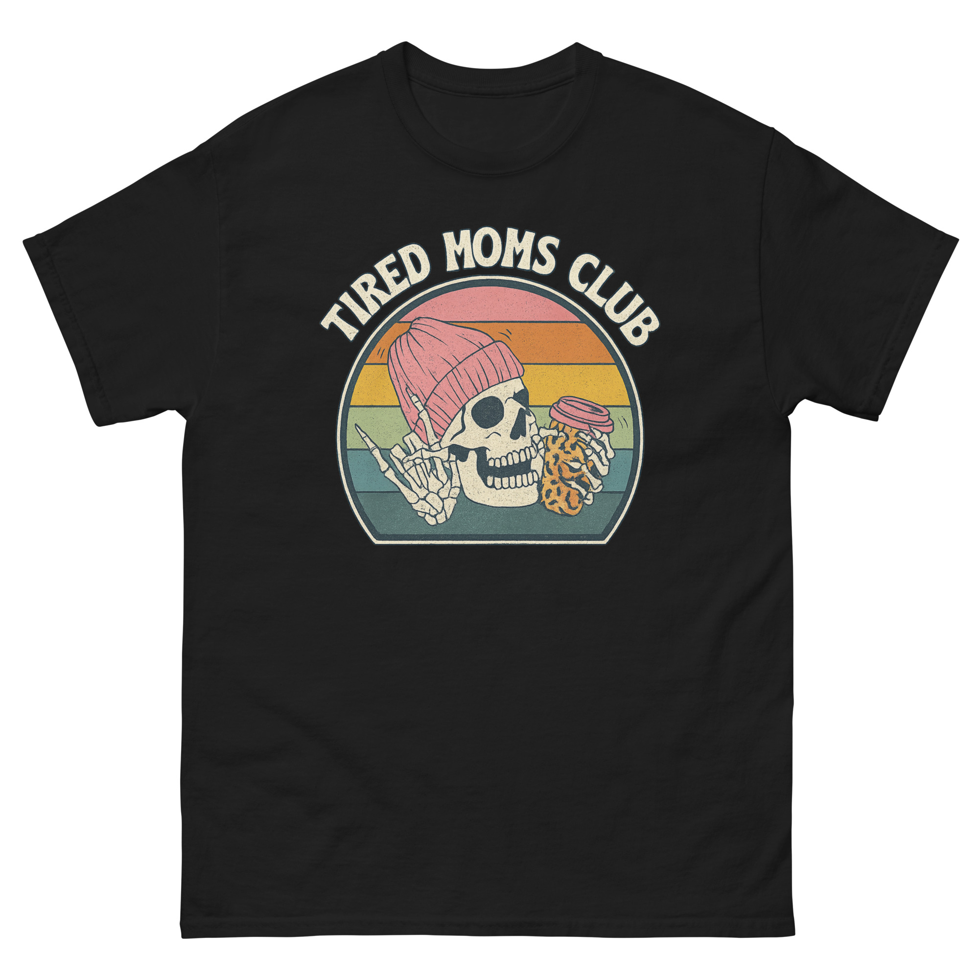 Tired Moms Club Shirt with skeleton drinking coffee – funny retro mom life graphic tee