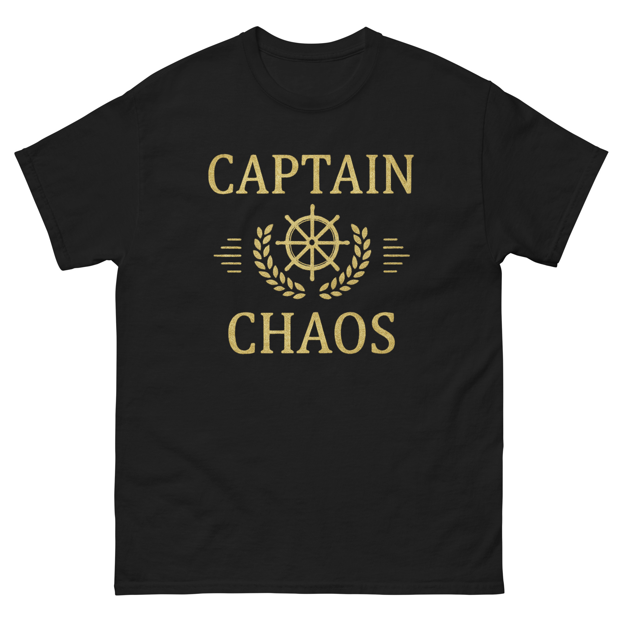 captain chaos t-shirt with nautical wheel and laurel design