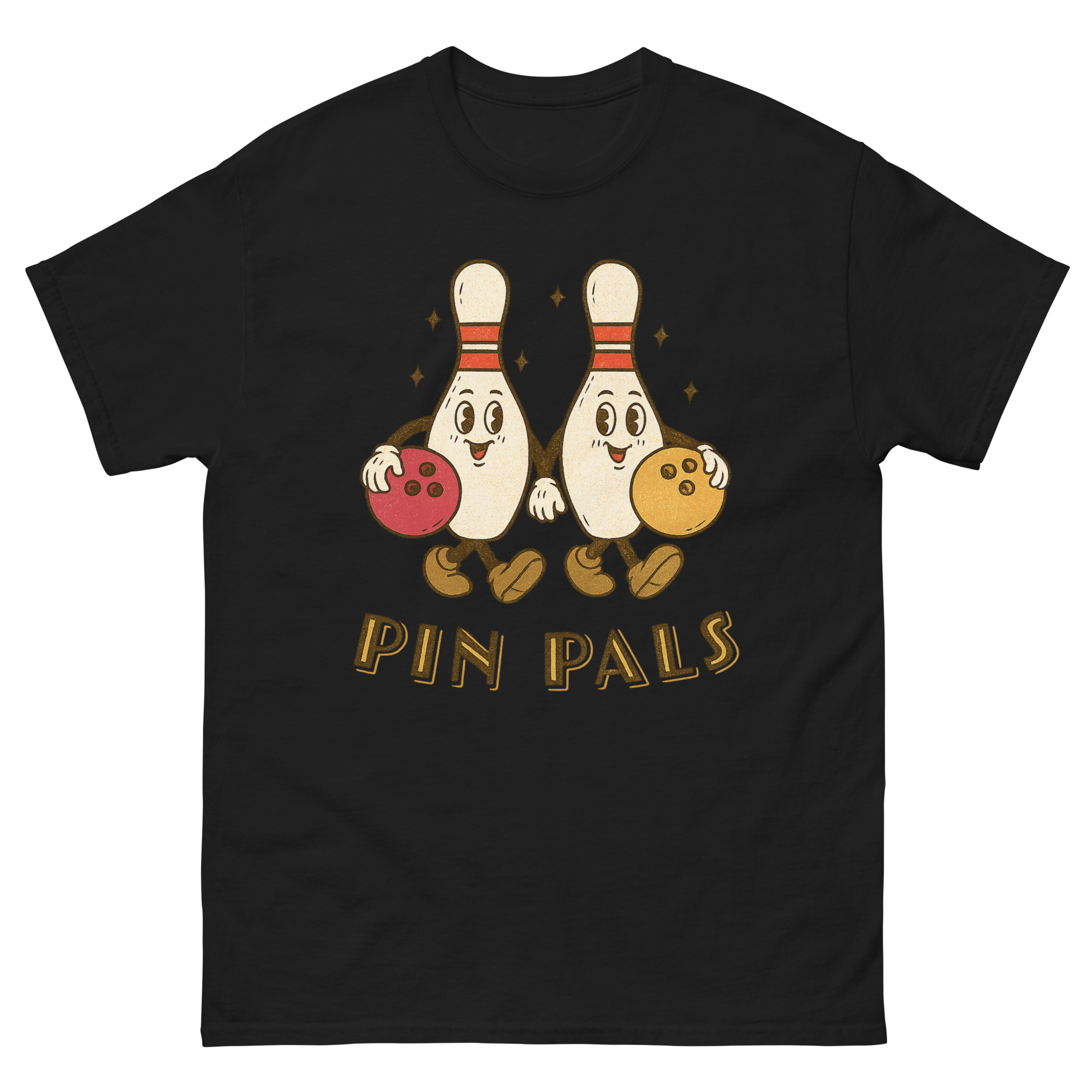 pin pals bowling shirt with vintage cartoon bowling pin design