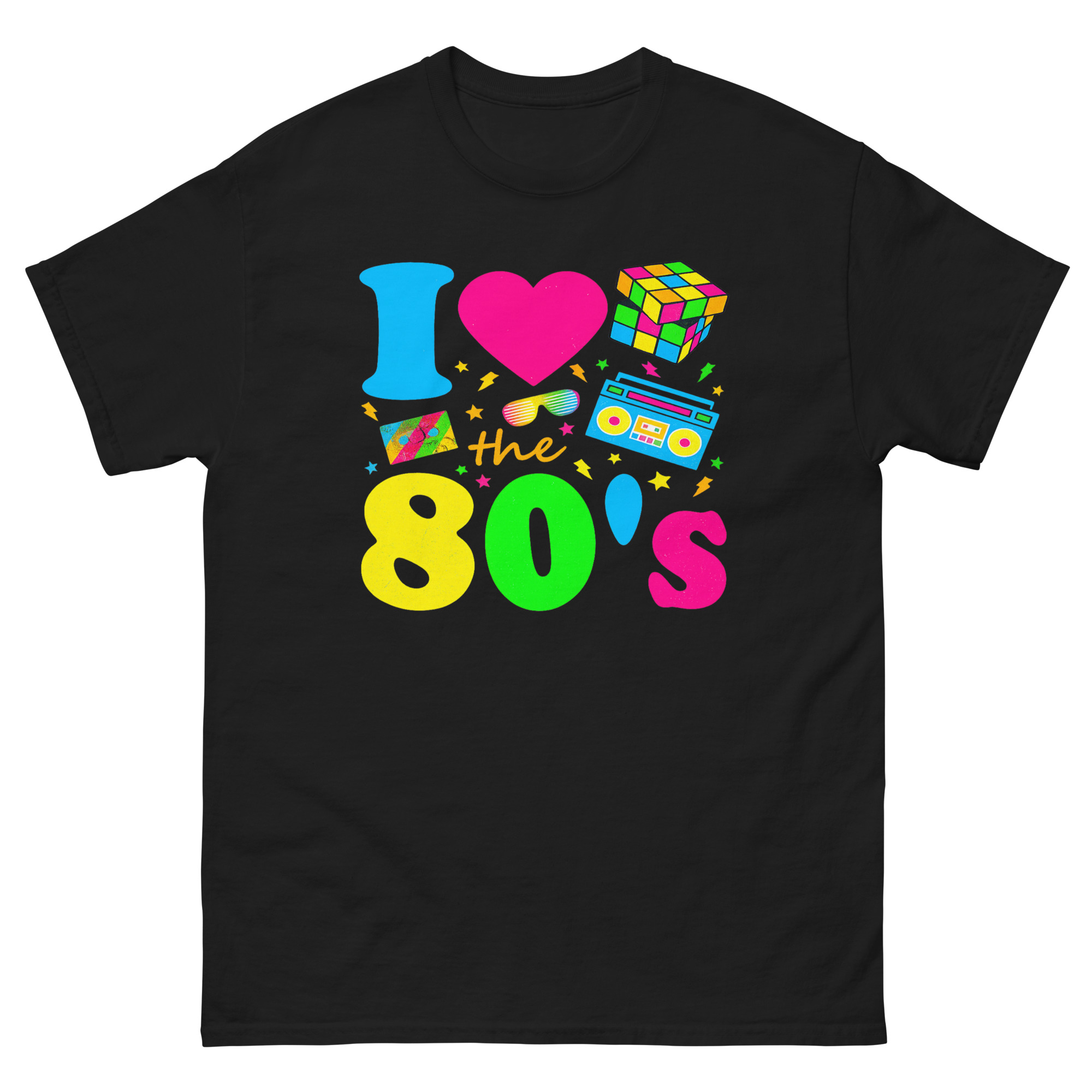 i love the 80s shirt with neon retro graphics including rubik’s cube and boombox