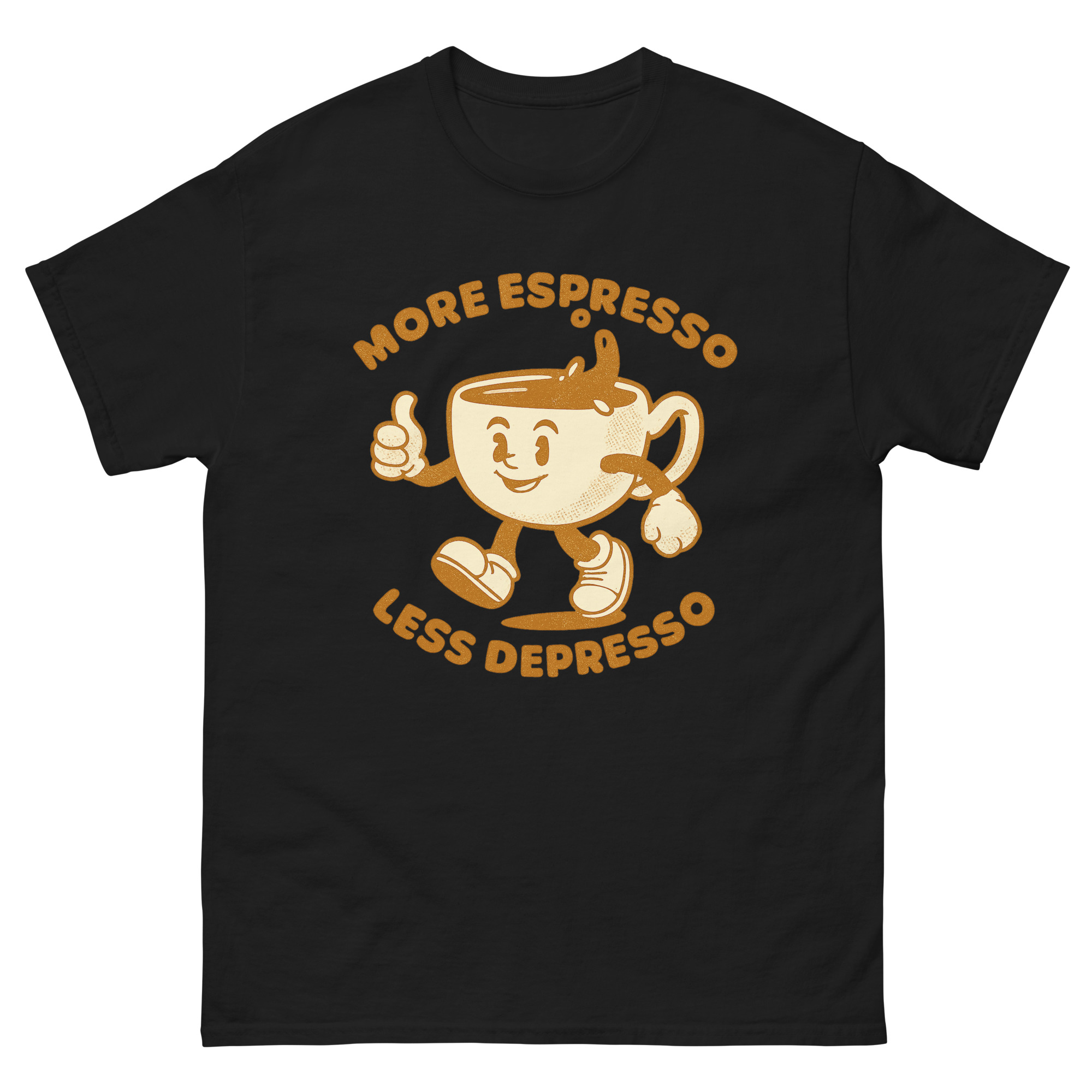 More Espresso Less Depresso Shirt – funny coffee pun tee for espresso lovers and baristas