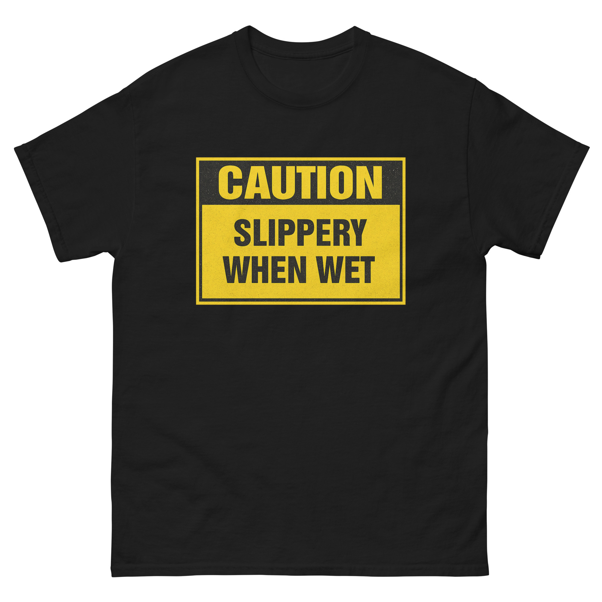 Slippery When Wet T Shirt with yellow caution sign design – funny retro graphic te