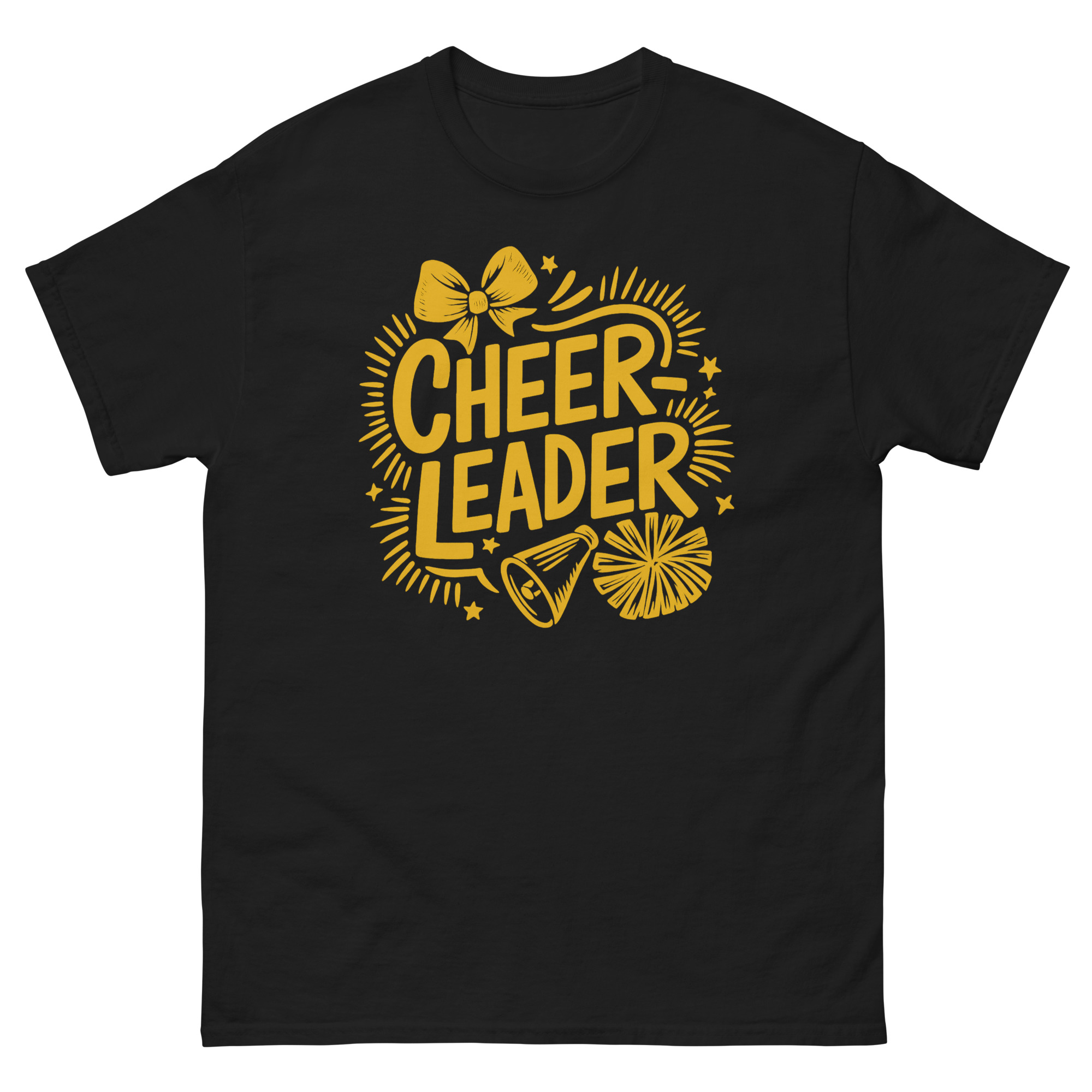 Cheerleader team shirt with yellow bow, megaphone, and pom-pom design
