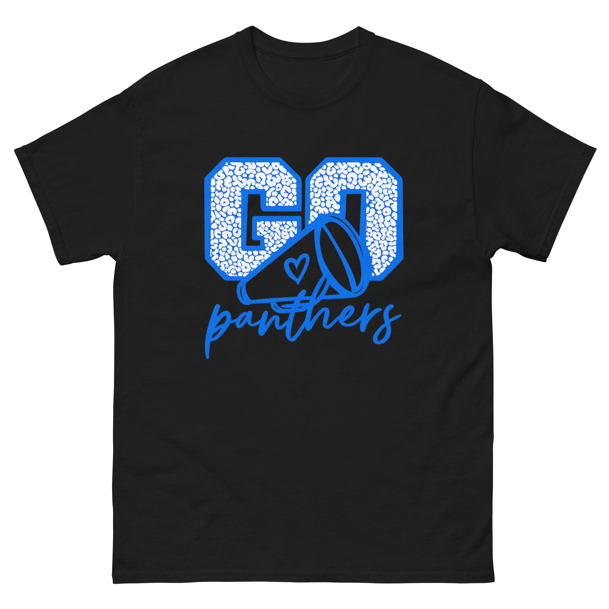 Panther cheer shirt with blue megaphone and Go Panthers text desig