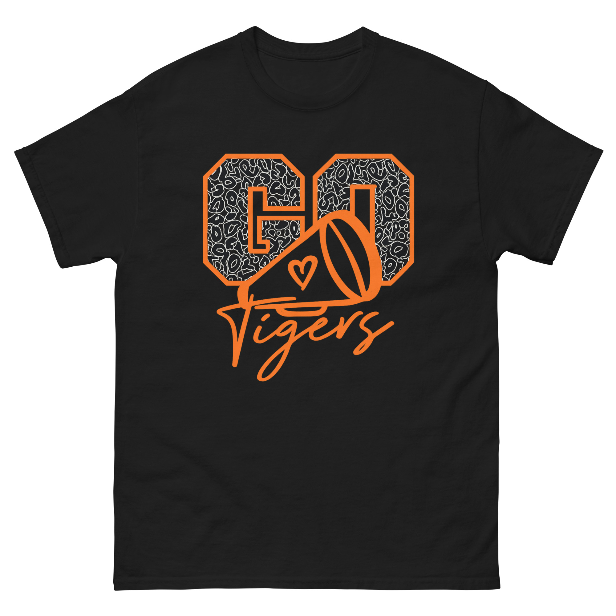 Tiger cheer shirt with orange megaphone and Go Tigers graphic design