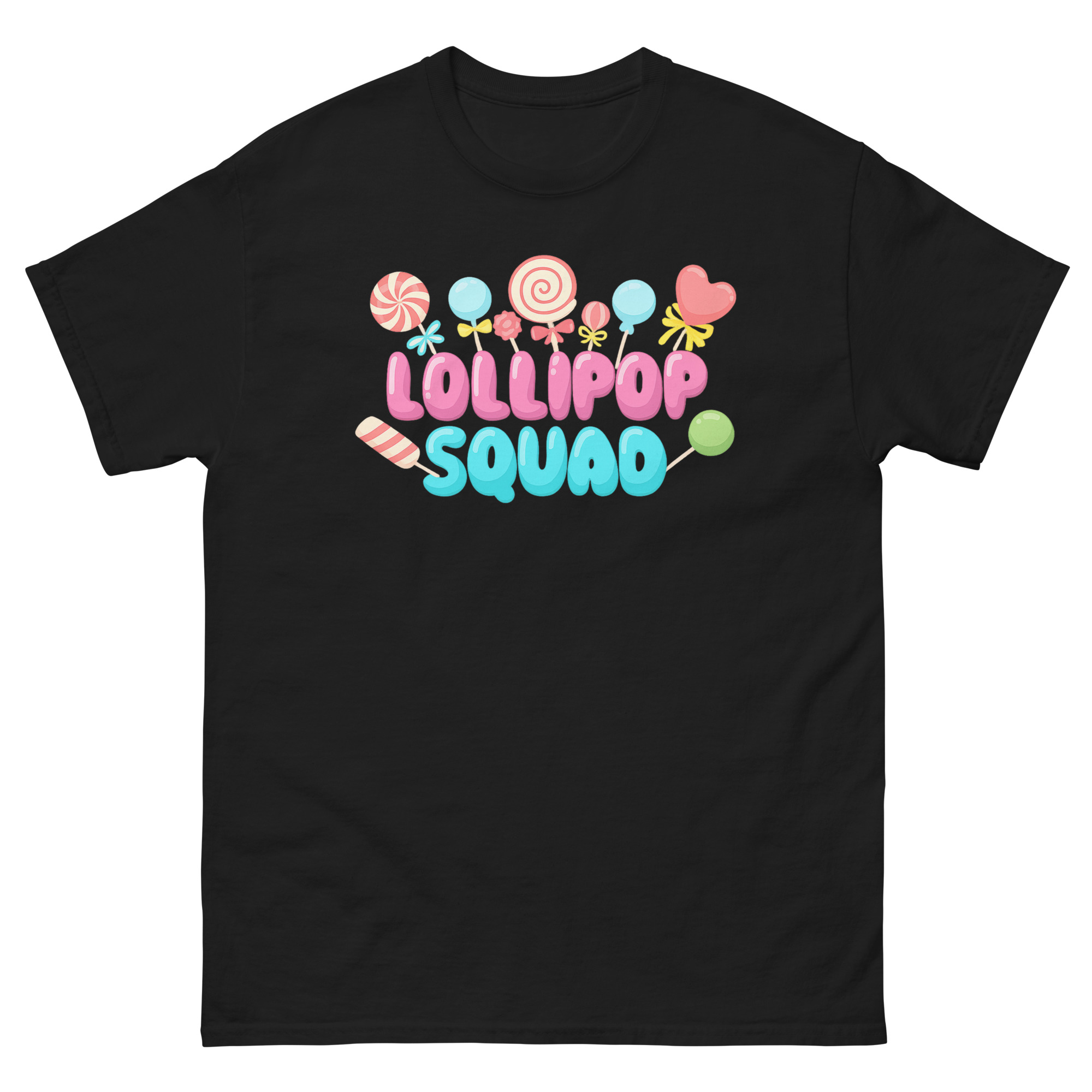 Lollipop shirt with colorful candy graphic text “Lollipop Squad” – fun pastel tee for candy lovers and groups