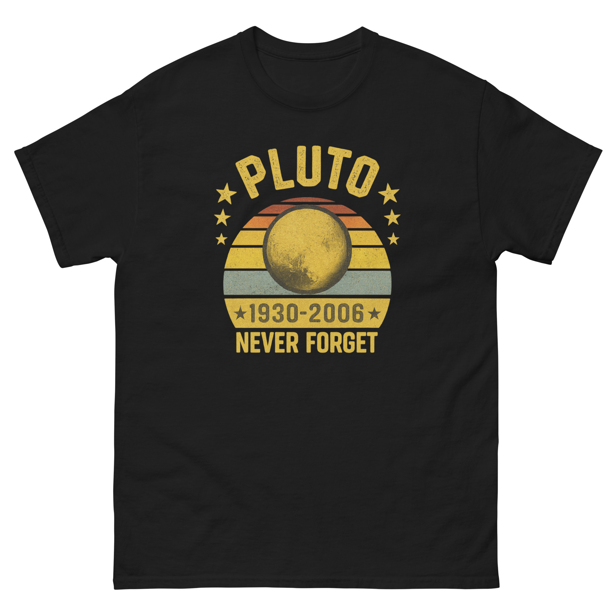 Retro Pluto Never Forget Shirt with vintage stripes and cosmic stars
