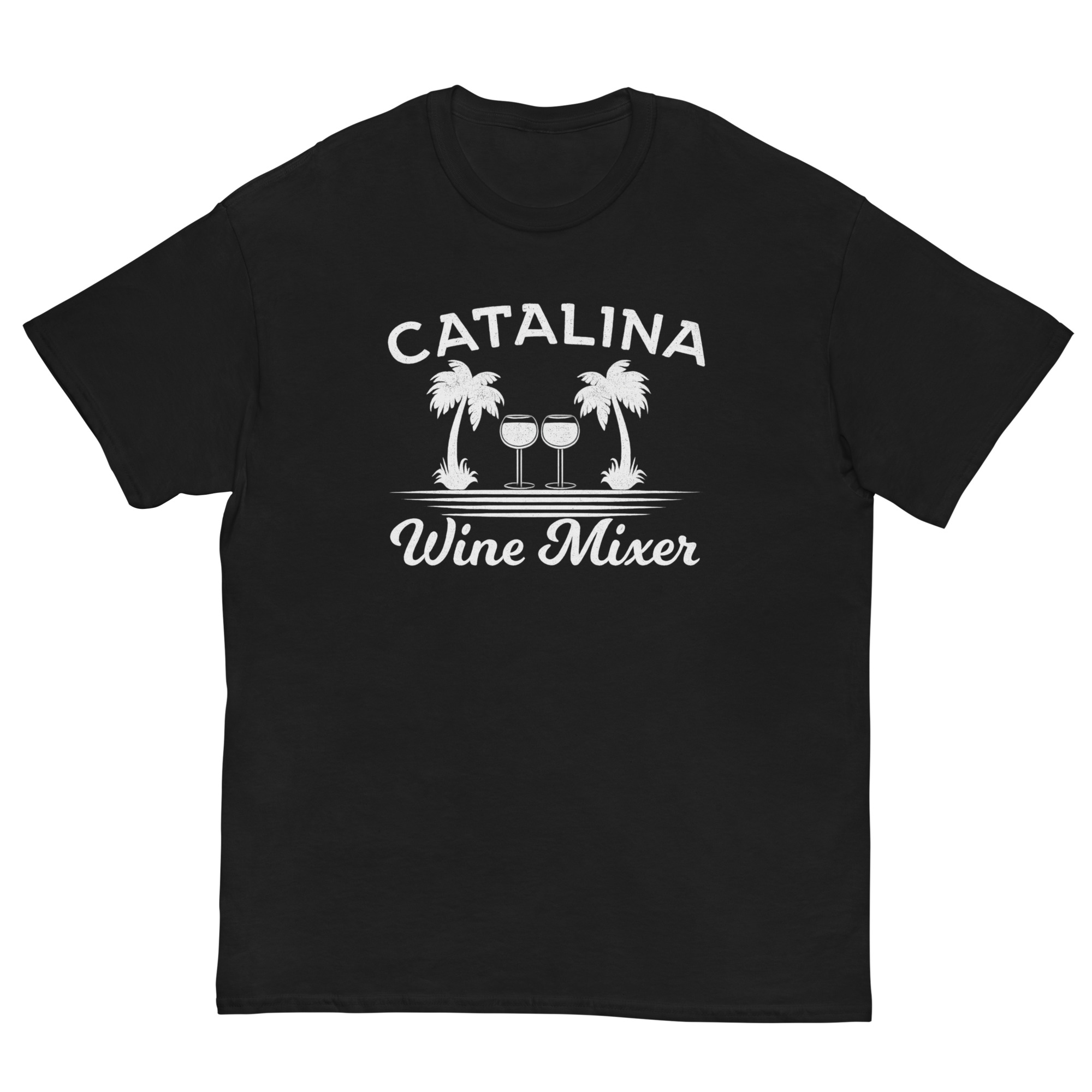 T-shirt with ‘Catalina Wine Mixer’ text, palm trees, and wine glasses in white graphic design
