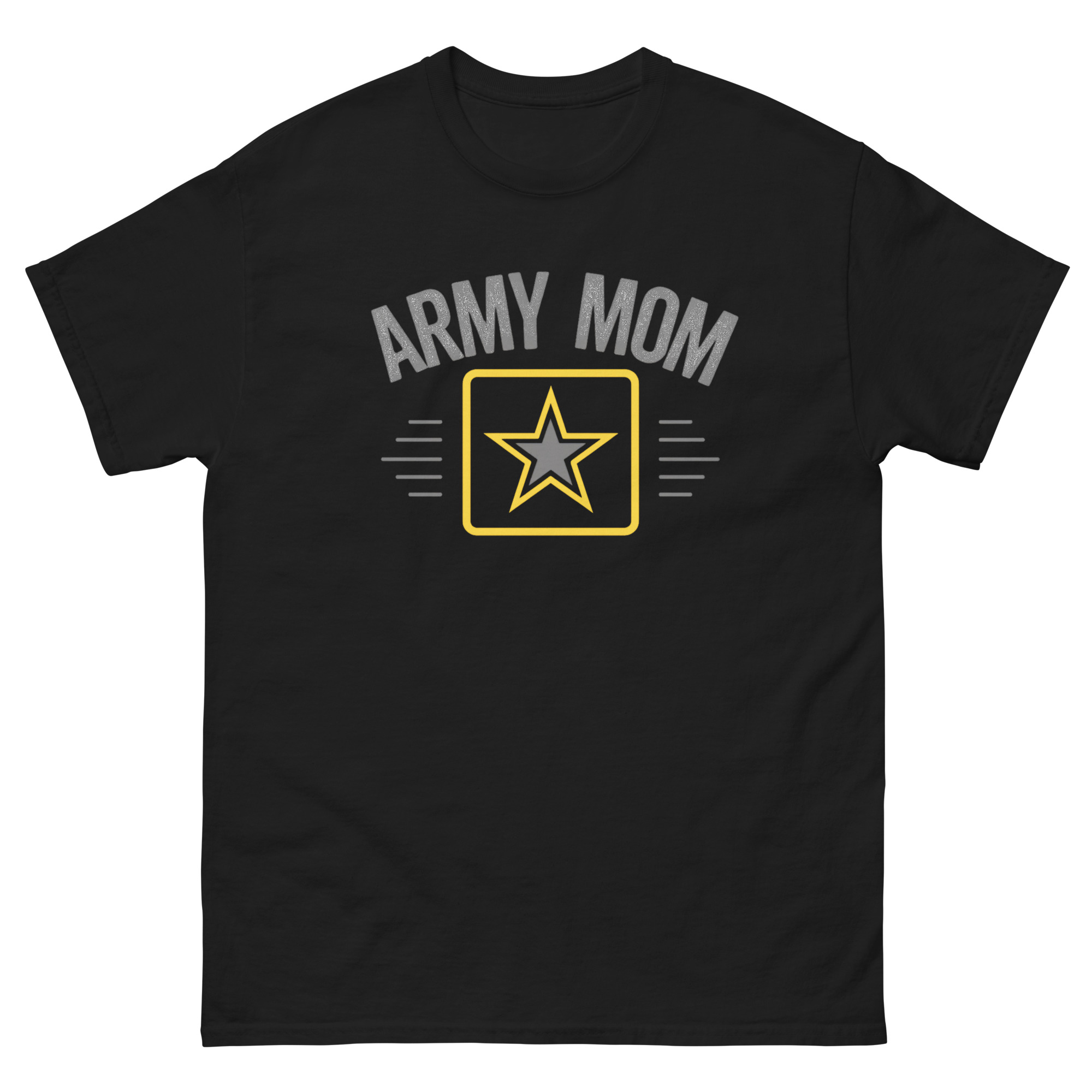 t-shirt with bold ‘Army Mom’ text and U.S. Army star emblem in yellow and gray