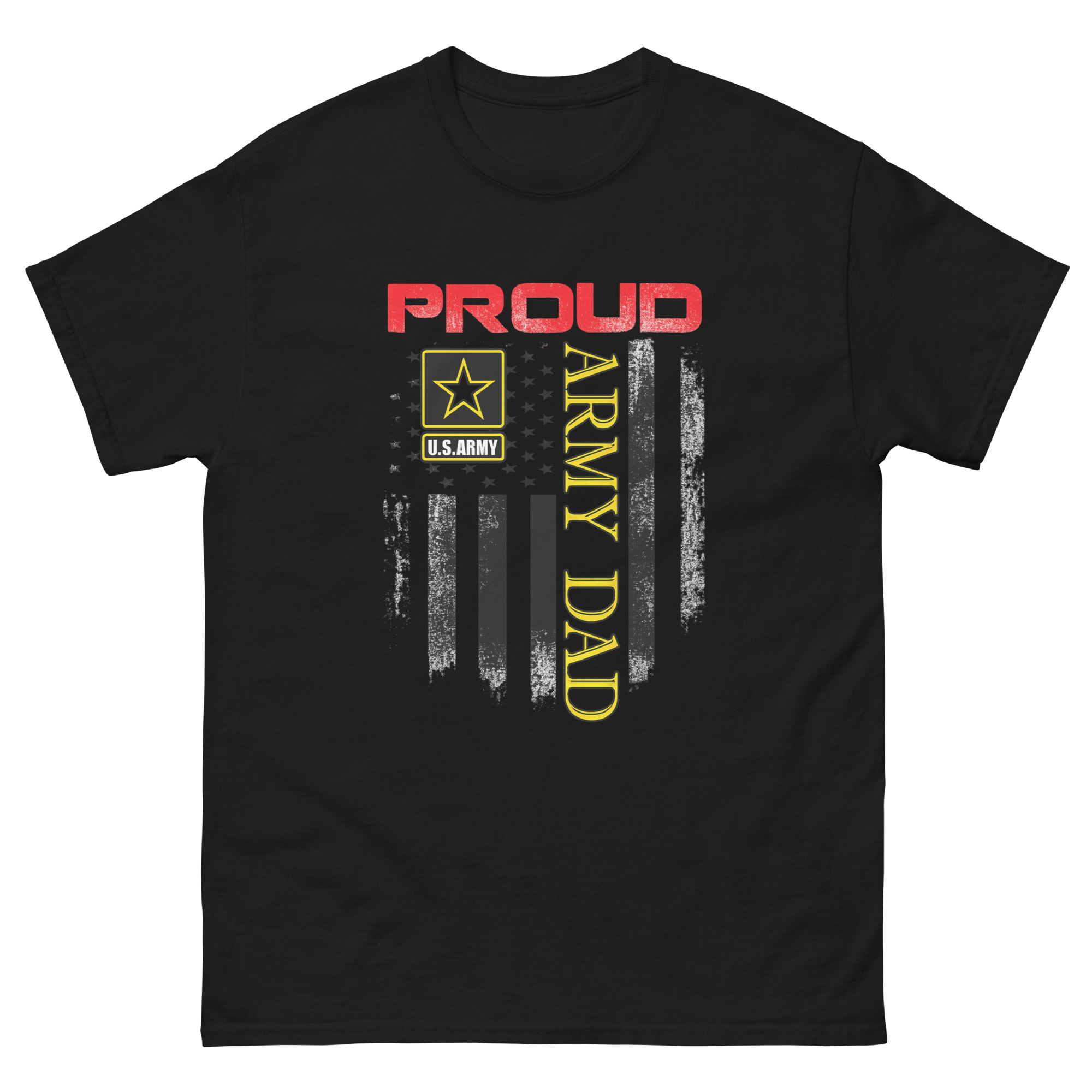 Black t-shirt with distressed U.S. Army flag design and bold ‘Proud Army Dad’ text in red and yellow