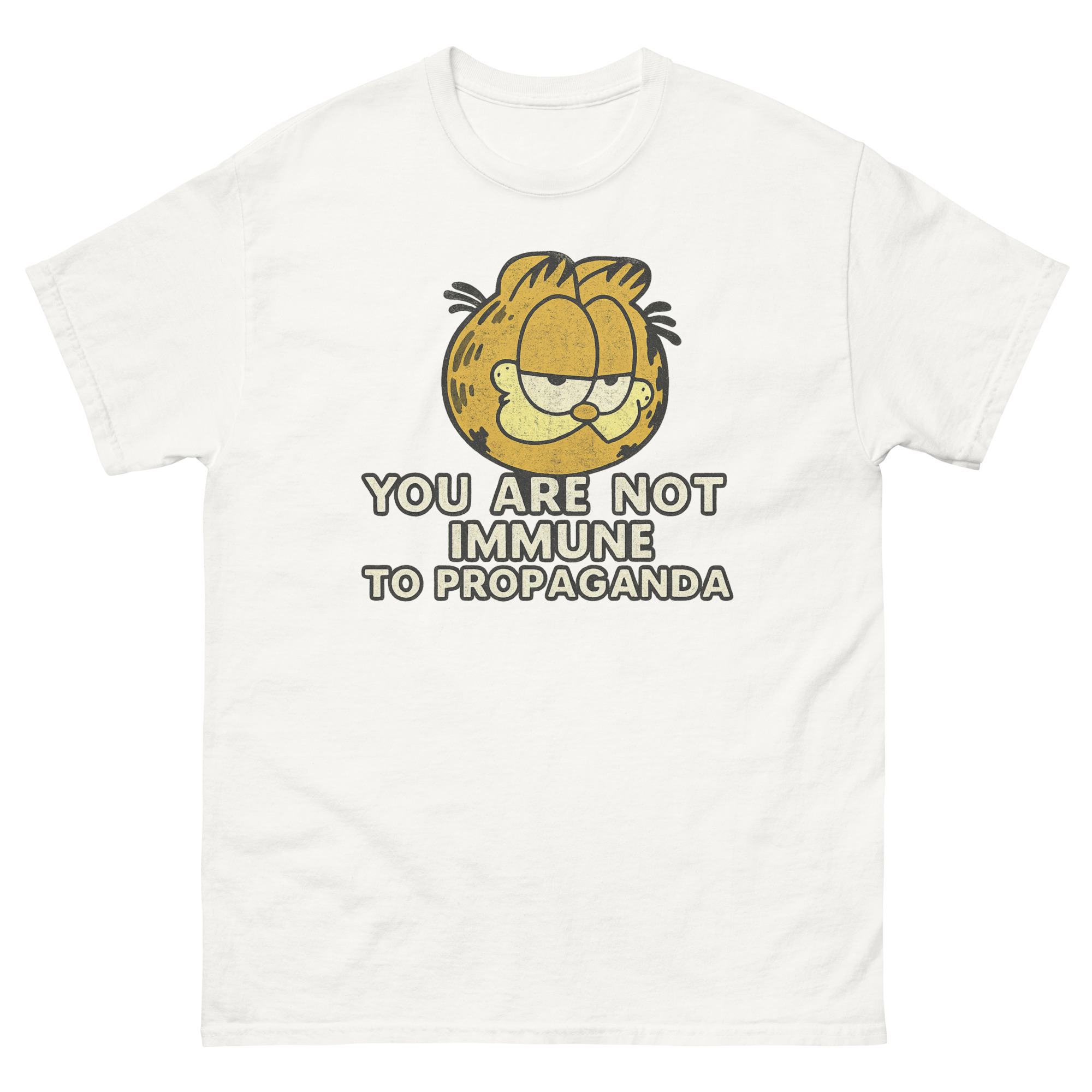 Garfield parody t-shirt with "You Are Not Immune to Propaganda" meme design