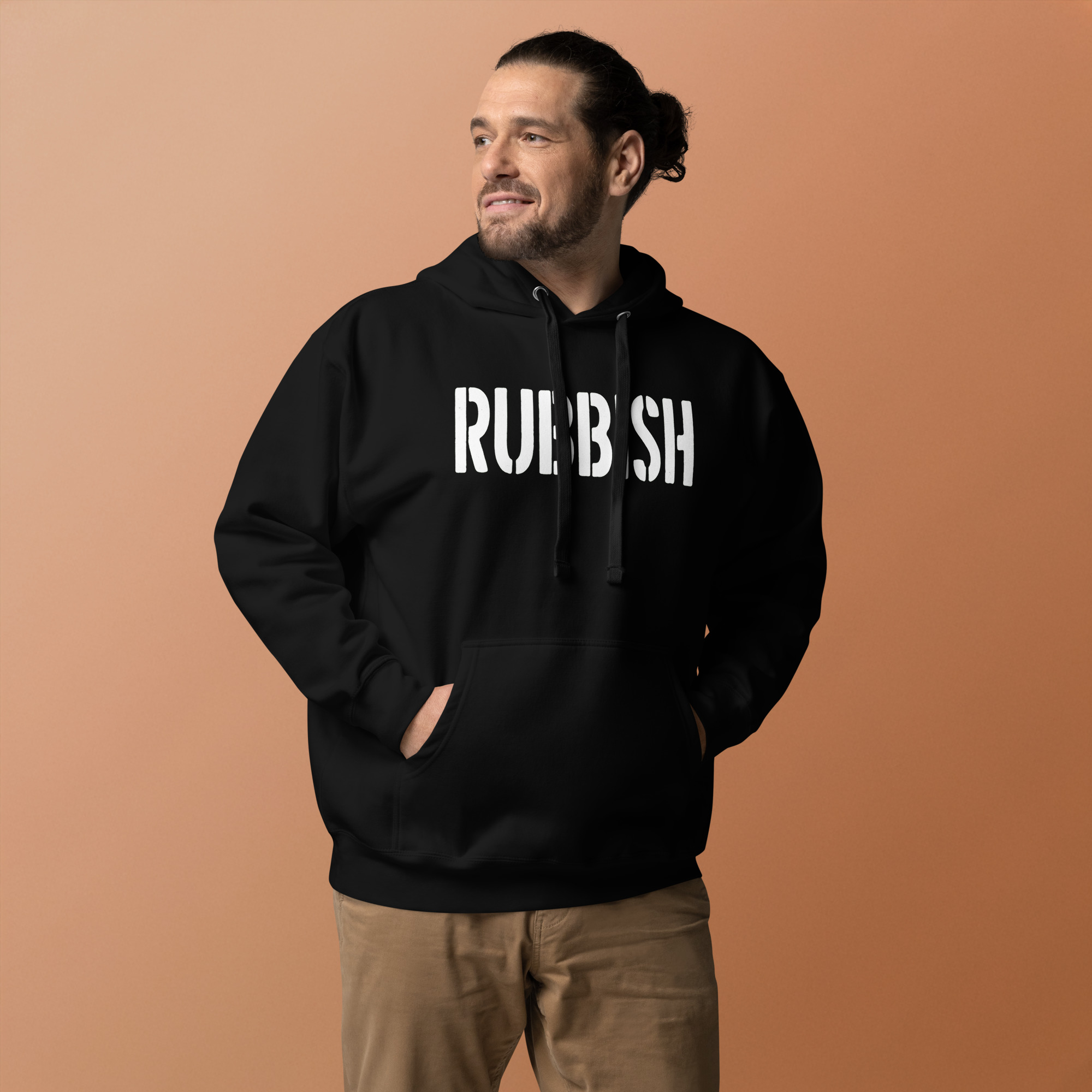Rubbish Hoodie with Bold White Stencil Typography on Chest