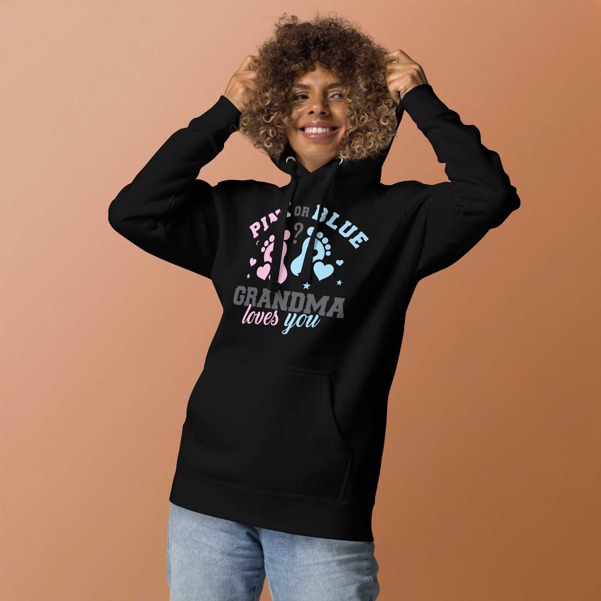 Gender Reveal Grandma Hoodie with Pink and Blue Baby Footprints and Loving Message